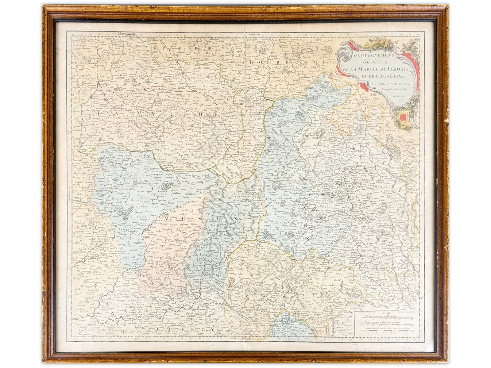 Auvergne & Limosin Colored Map Vaugondy: Engraved and colored map titled "Gouvernemens Generaux de la Marche du Limosin et de l'Auvergne," depicting central France (Auvergne and Limosin). By Robert De Vaugondy. Framed. Approx. 21 1/2" x 26".