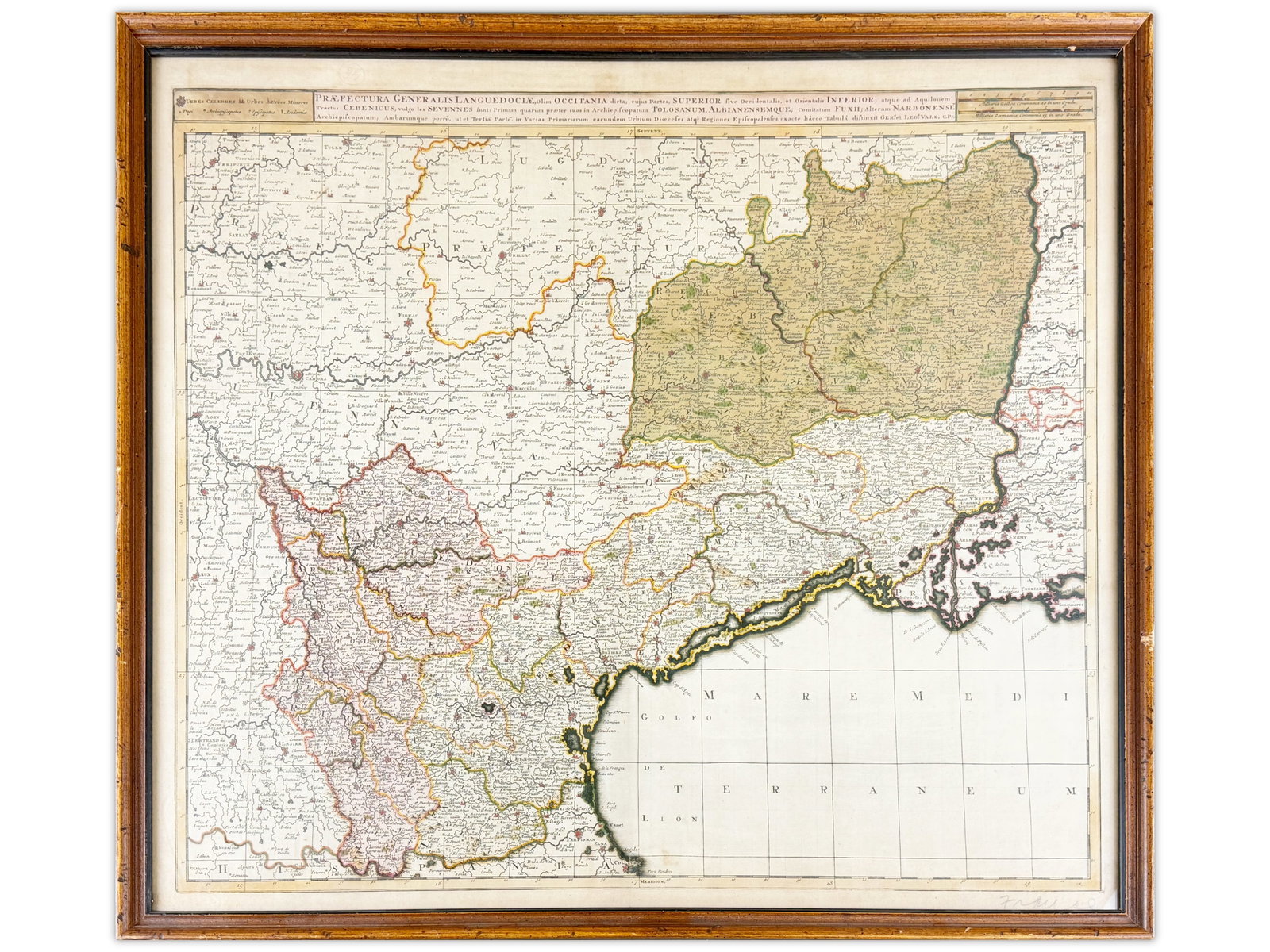 Languedoc Occitania Map: Engraved and colored map titled "Praefectura Generalis Languedocia, Occitania, etc.," depicting southern France and northeastern Spain. Shows regional divisions, cities, and geography of the