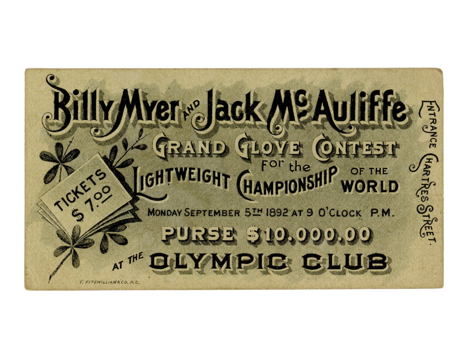 1892 Boxing Ticket - Myer vs. McAuliffe: Complete ticket for Billy Myer vs. Jack McAuliffe lightweight championship bout. September 5, 1892, Olympic Club, New Orleans. Measures approx. 5 x 2.75 inches. McAuliffe won by knockout. Very fine wi