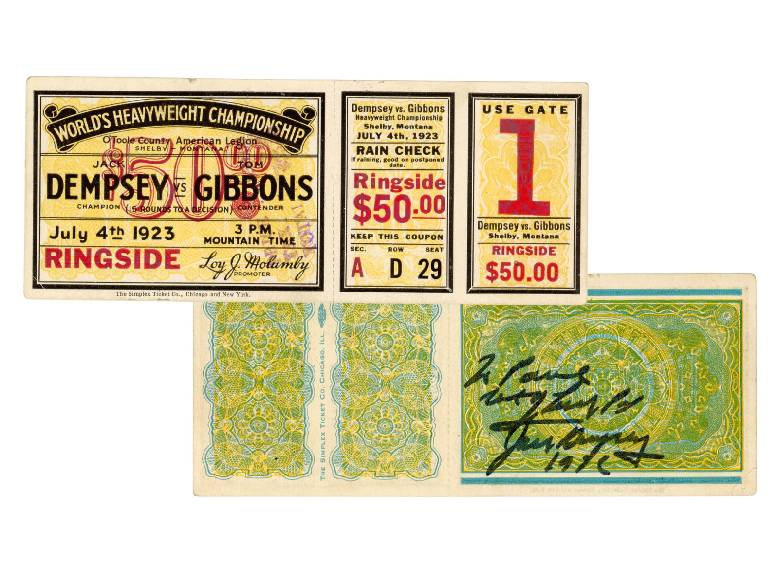 1923 Dempsey vs. Gibbons Heavyweight Ticket (1 of 3)