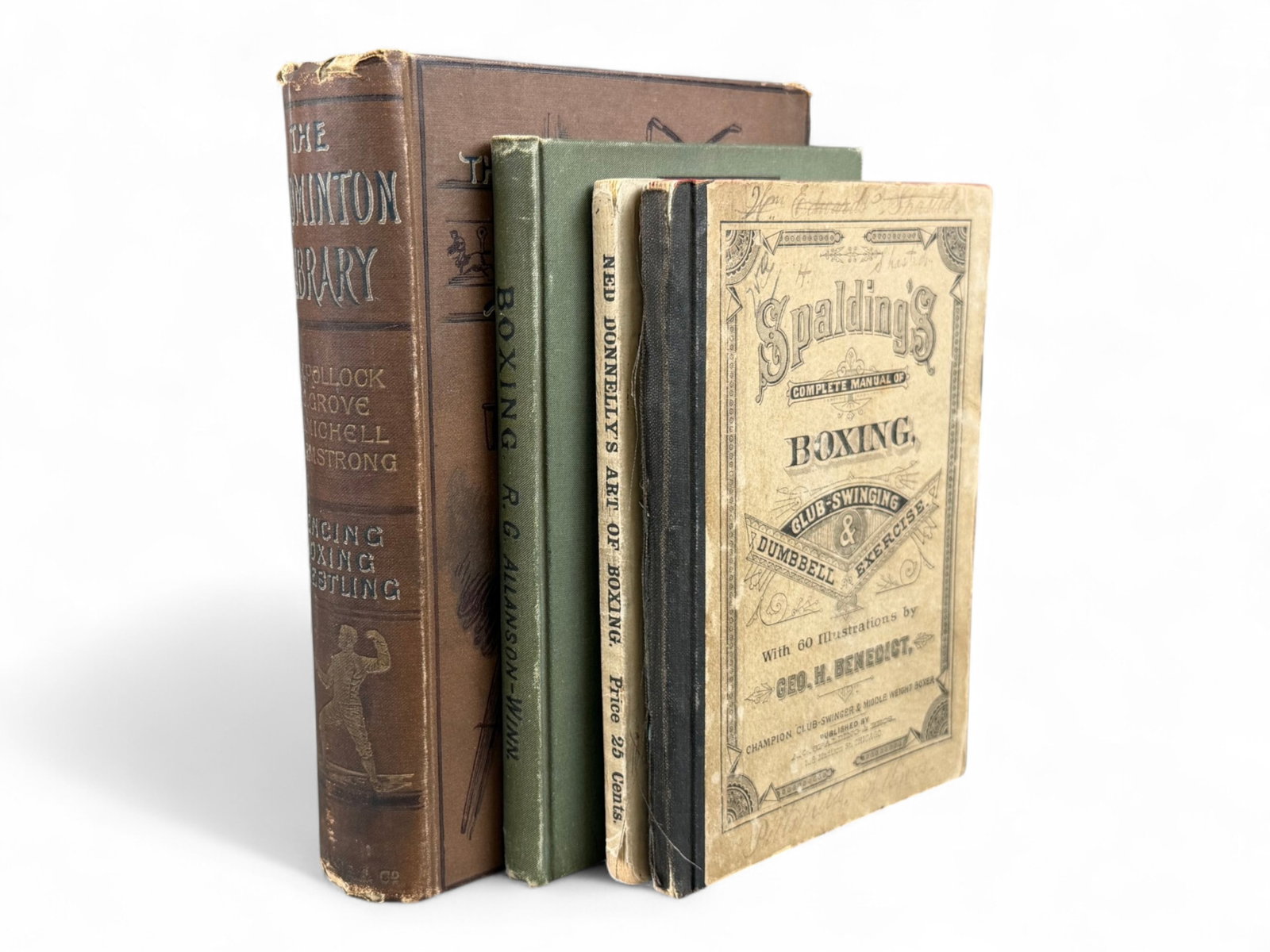 (4) Early Boxing & Combat Sports Books (1881-1890): Includes Boxing by R.G. ALLANSON-WINN (1890); Spalding's Complete Manual of Boxing (1881); Ned Donnelly's Art of Boxing (c. 1890, page 45 illustration cut out); and The Badminton Library of Fencing, B