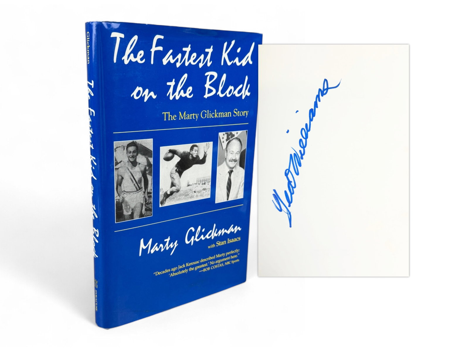 Ted Williams & Marty Glickman Signed Book: Marty Glickman. The Fastest Kid on the Block. First edition, 1996. Inscribed on title page to Ted Williams referencing "from one Marine, 4th Wing, to another." Also signed by Ted Williams on front fre