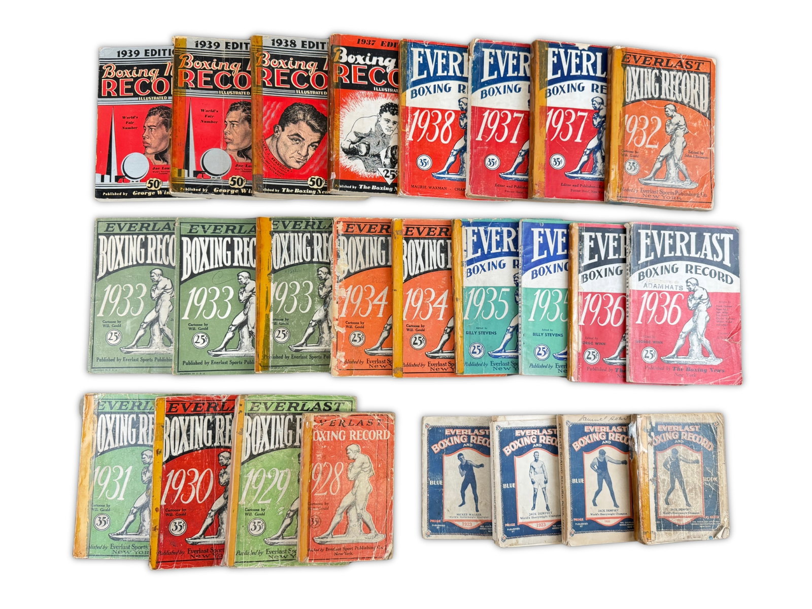 Boxing Records Books: (33) 1920's-1930's Boxing records books in various grades. most lower grade with taped spines, some rebound others with loose covers but a great source of reference with great information and illustra
