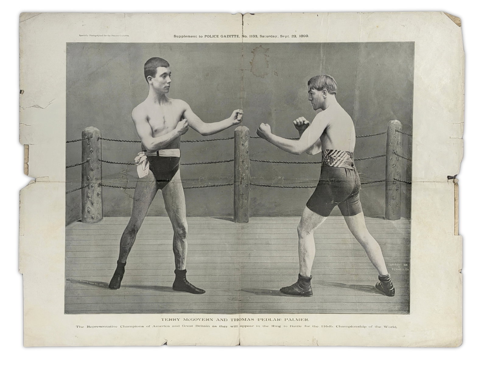 1899 Police Gazette Supplement "Boxing" Page: Two page supplement to Police Gazette no.1153, Septem. 23, 1899. Page shows Terry McGovern and Thomas "Pedlar" Palmer. Overall page is approx. 23" x 16-1/4". Page shows wear throughout with multiple e
