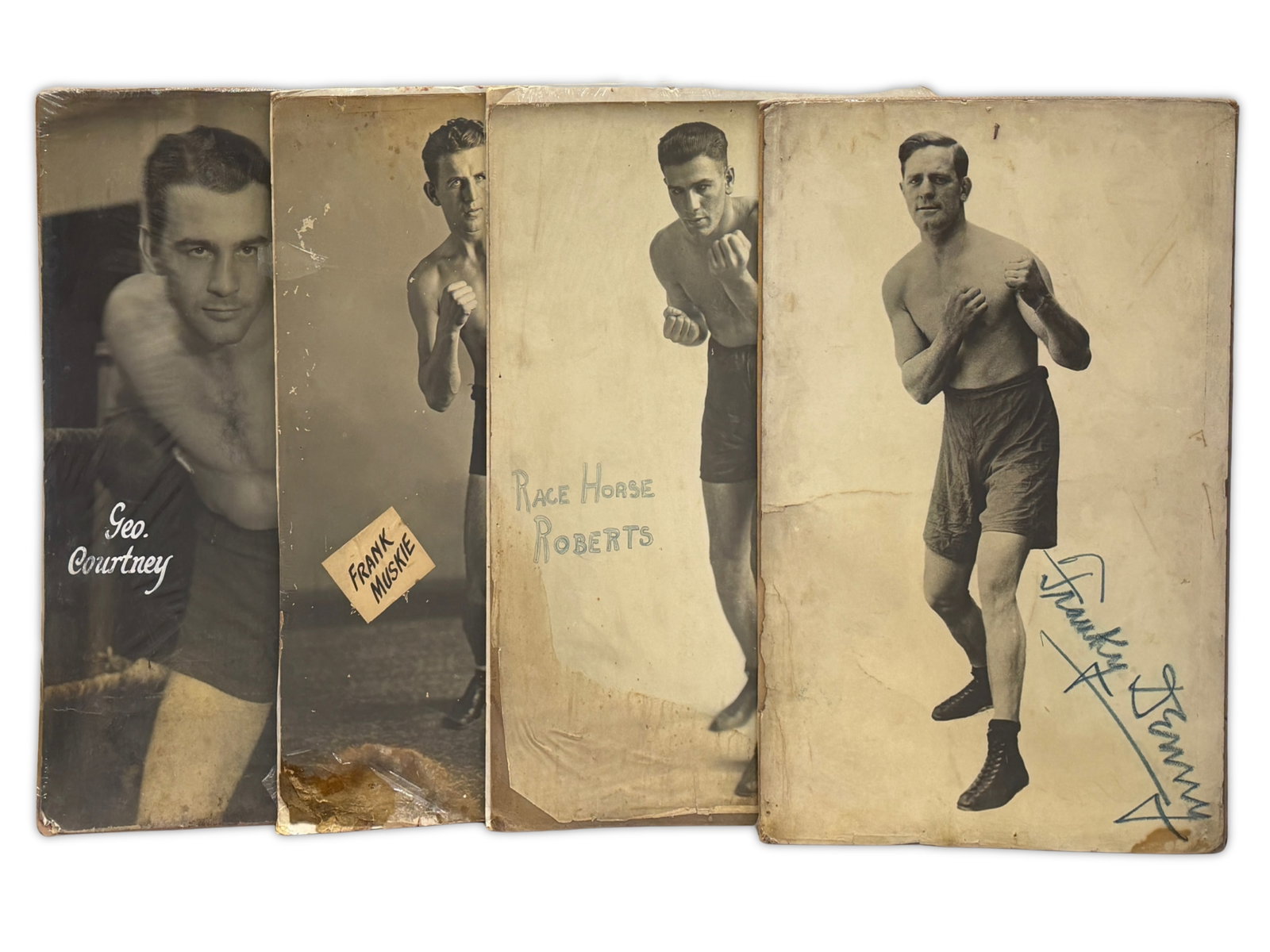 (10) Oversized Boxing Large Format Bar Photographs: Offered is a group of large format boxing bar photographs, circa 1930-40's. Includes Frank Muskie, Racehorse Roberts, Young Roberts, Young France, Jackie Jurich, Battling Nelson, Jimmy Sacco, Franky D