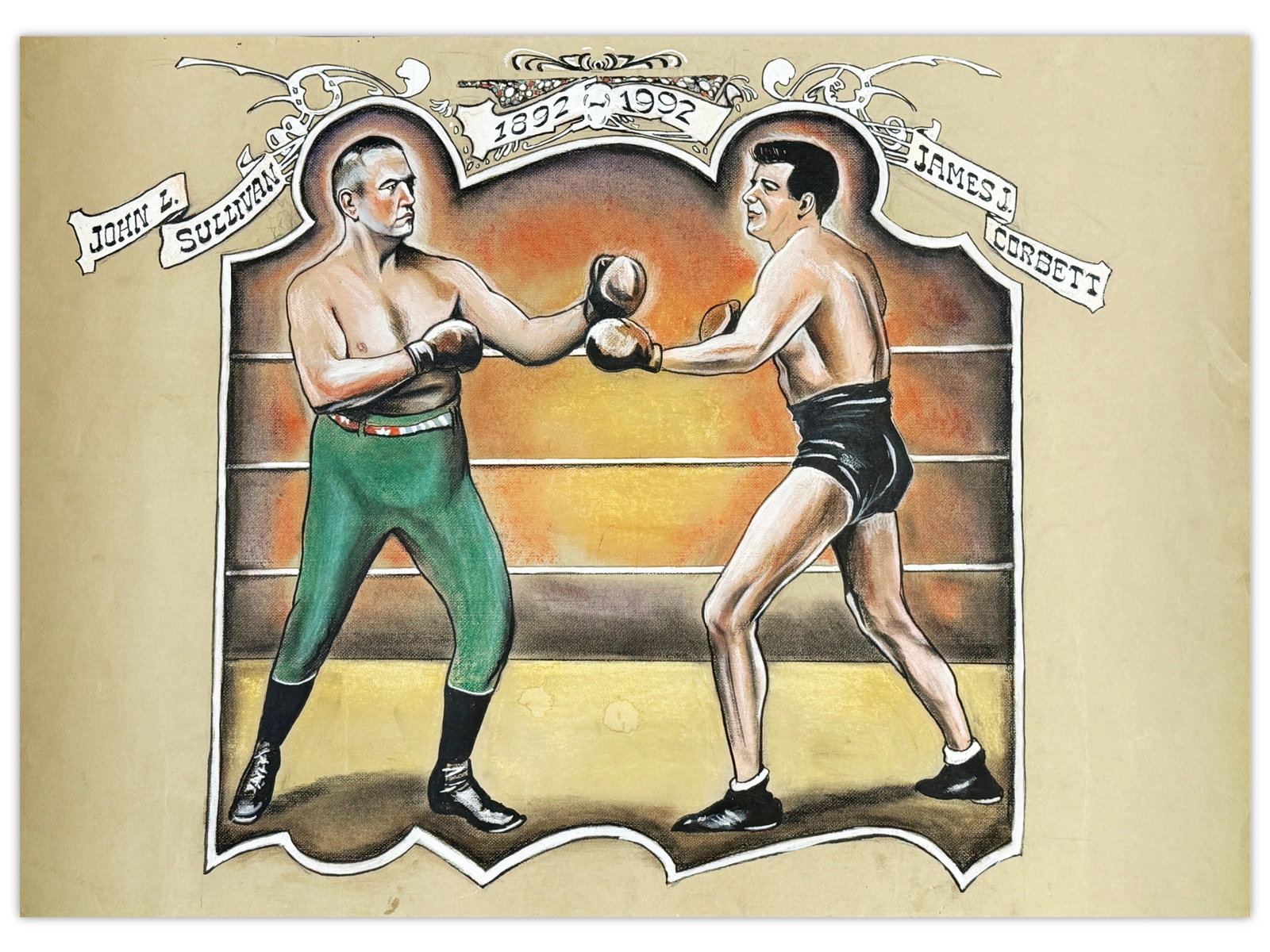 John Sullivan vs J. Corbett Pastel by Robert Carson: Original pastel on paper artwork attributed to acclaimed boxing artist Robert Carson, depicting the historic heavyweight championship bout between John L. Sullivan and James J. Corbett. The compositio