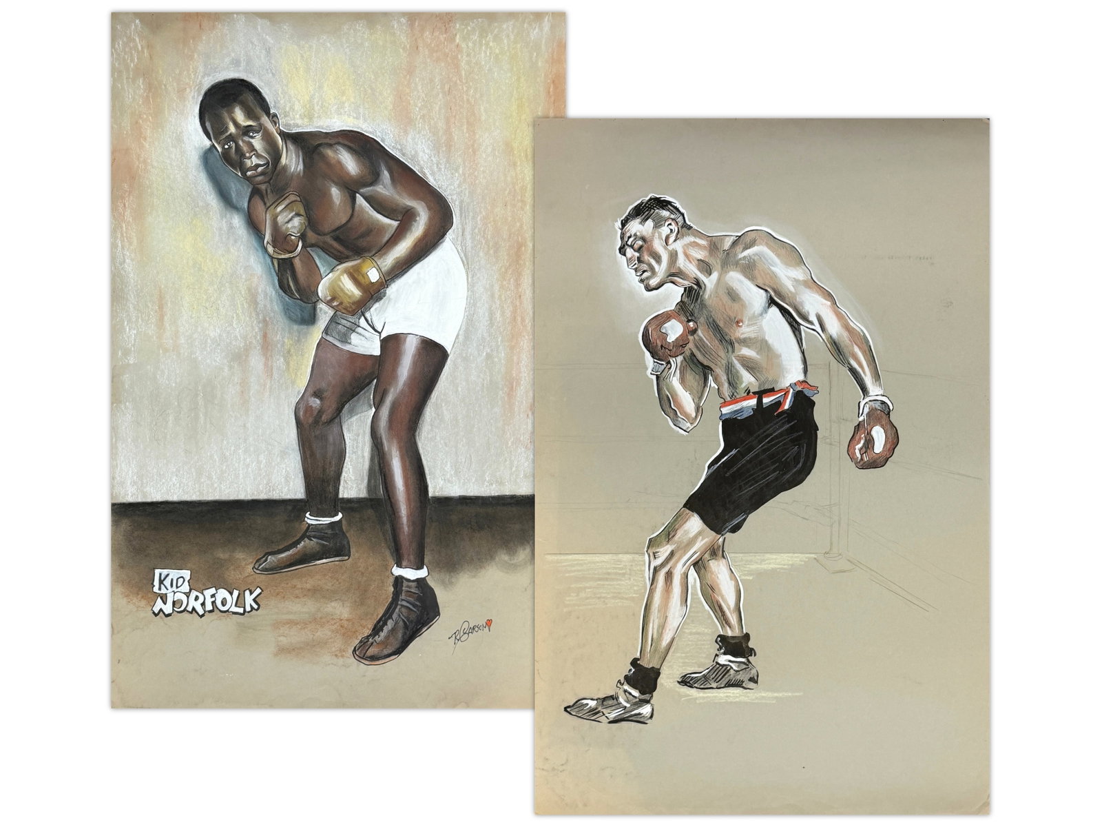 (2) Robert Carson Original Boxing Pastels: Two original pastel boxing artworks by acclaimed boxing artist Robert Carson. One work is signed lower right and identified as "Kid Norfolk," depicting the Hall of Fame light heavyweight in a defensiv
