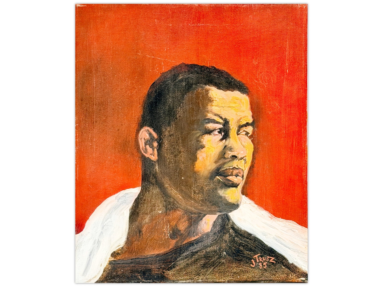 Sugar Ray Robinson Oil on Canvas Painting: Offered is an oil on canvas painting depicting Sugar Ray Robinson. Signed lower right by the artist "J. Trusz", and dated "85". Overall 16" x 20". Some light surface wear. Shipping: Weiss Auctions off