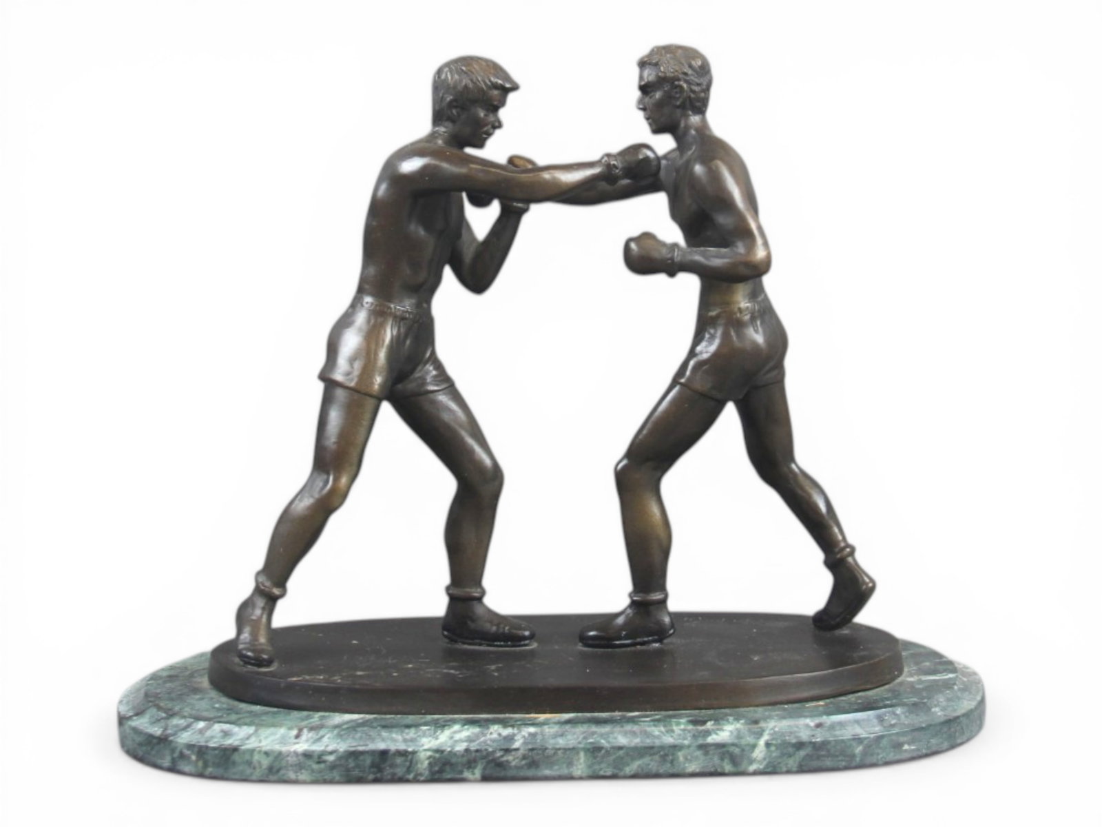 Bronze Statue of Boxers Signed Sherman: Artist signed bronze depicting a pair of boxers engaged. Signed on the base "Sherman". Mounted on a marble base. Overall approx. 12" x 9-1/2". Shipping: Weiss Auctions offers full-service, in-house sh
