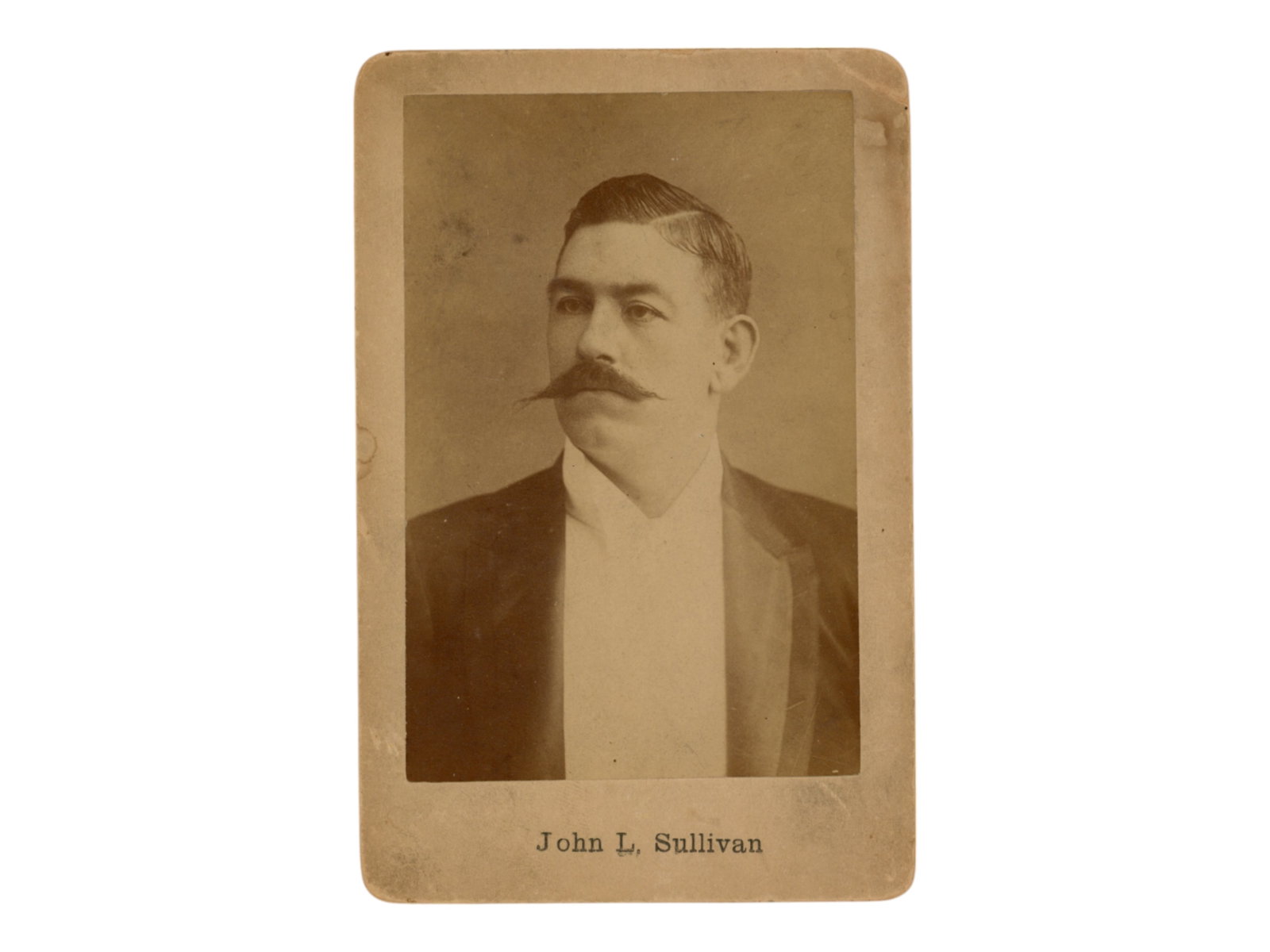 1890's John L. Sullivan Cabinet Card: 1890's John L. Sullivan "Champion of the World" Cabinet Card. Excellent portrait image of Sullivan. 4 14" x 6 1/2" Card Size. From the lifetime boxing collection of Paul McKenna. Shipping: Weiss Aucti