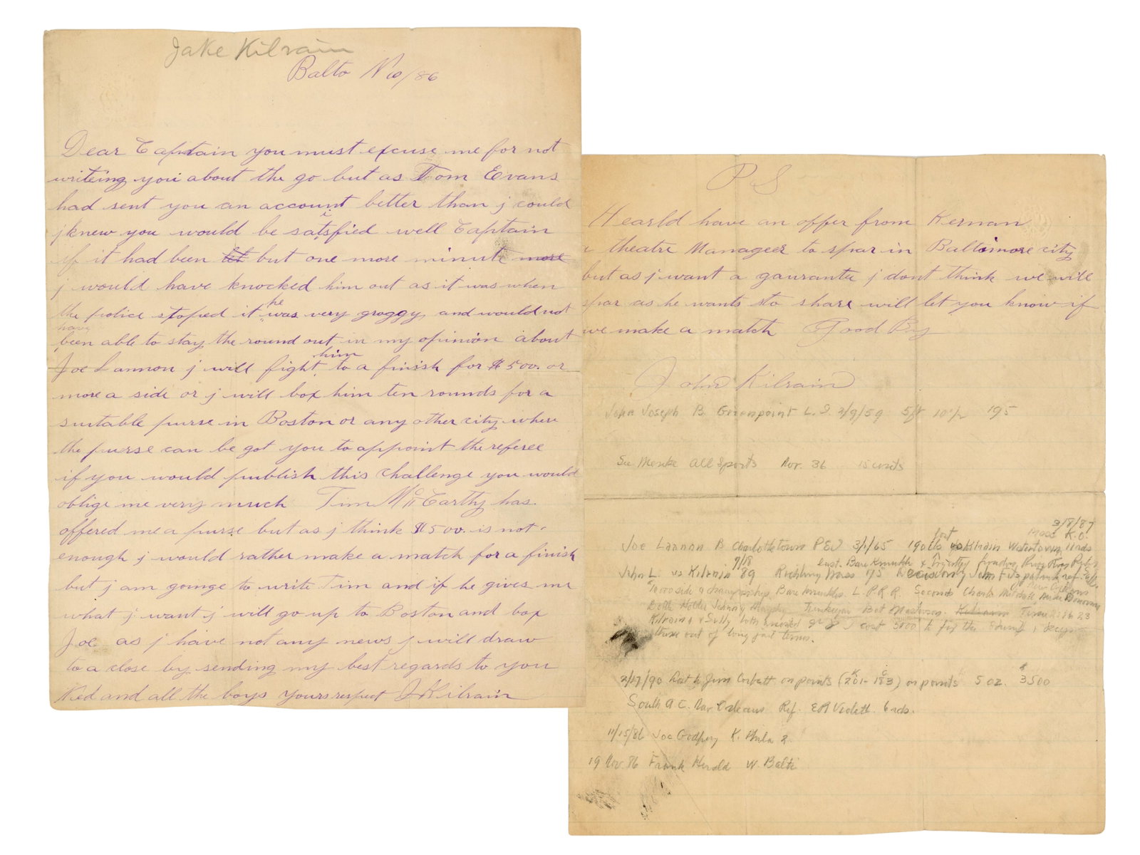 Jake Kilrain (2) Page Boxing Letter Signed: Great letter written front and back, discussing details of one his fights and asking the recipient to help publish a challenge for a bout with Joe Lannon. the letter discusses, purses and payments, lo