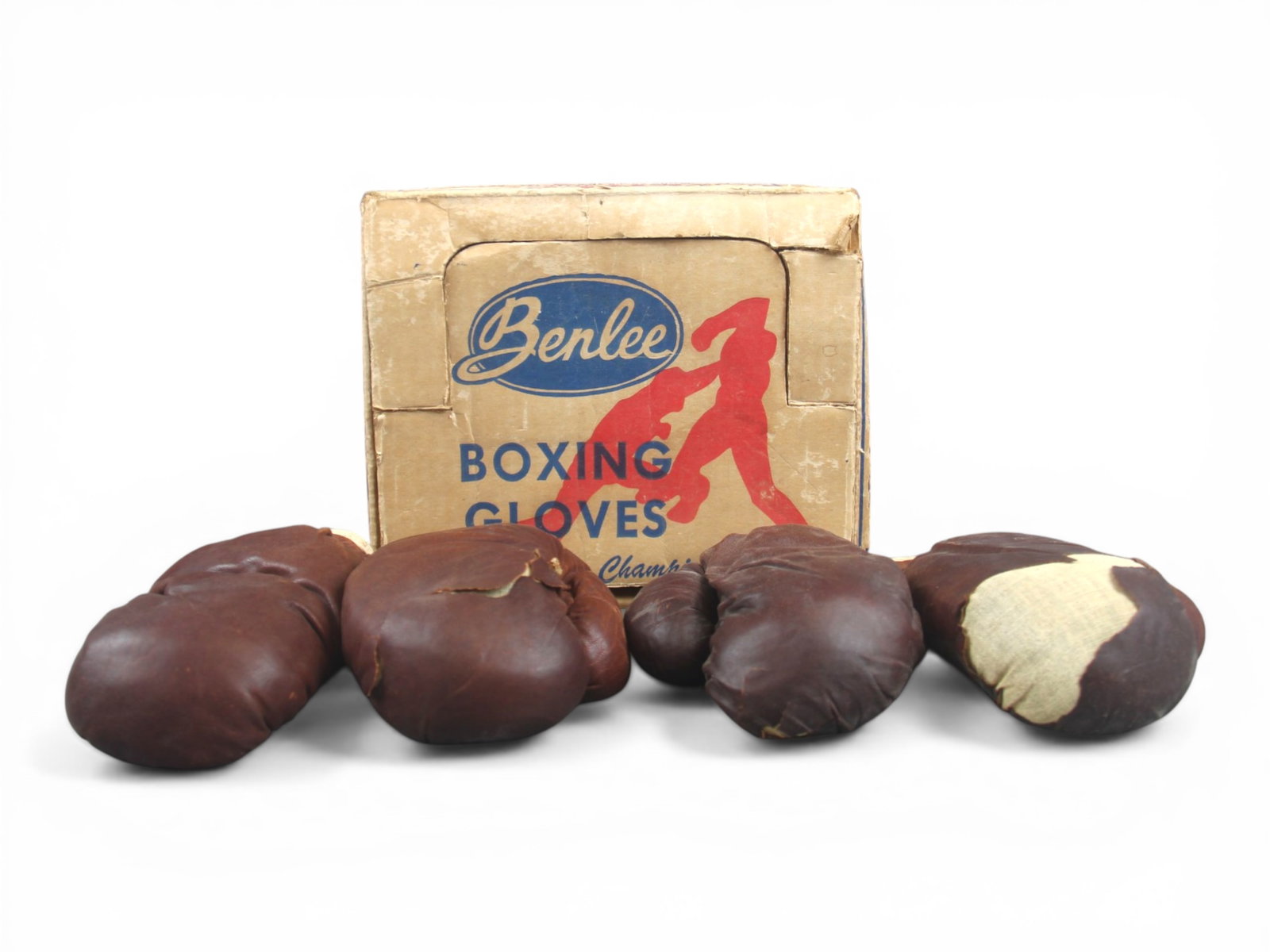 1950's Benlee Boxing Gloves in Original Box: Offered are two pairs of Vintage Benlee boxing gloves together in one original box. These are child size gloves. Gloves show some wear, one of them has tearing to the leather. Box shows edge and corne