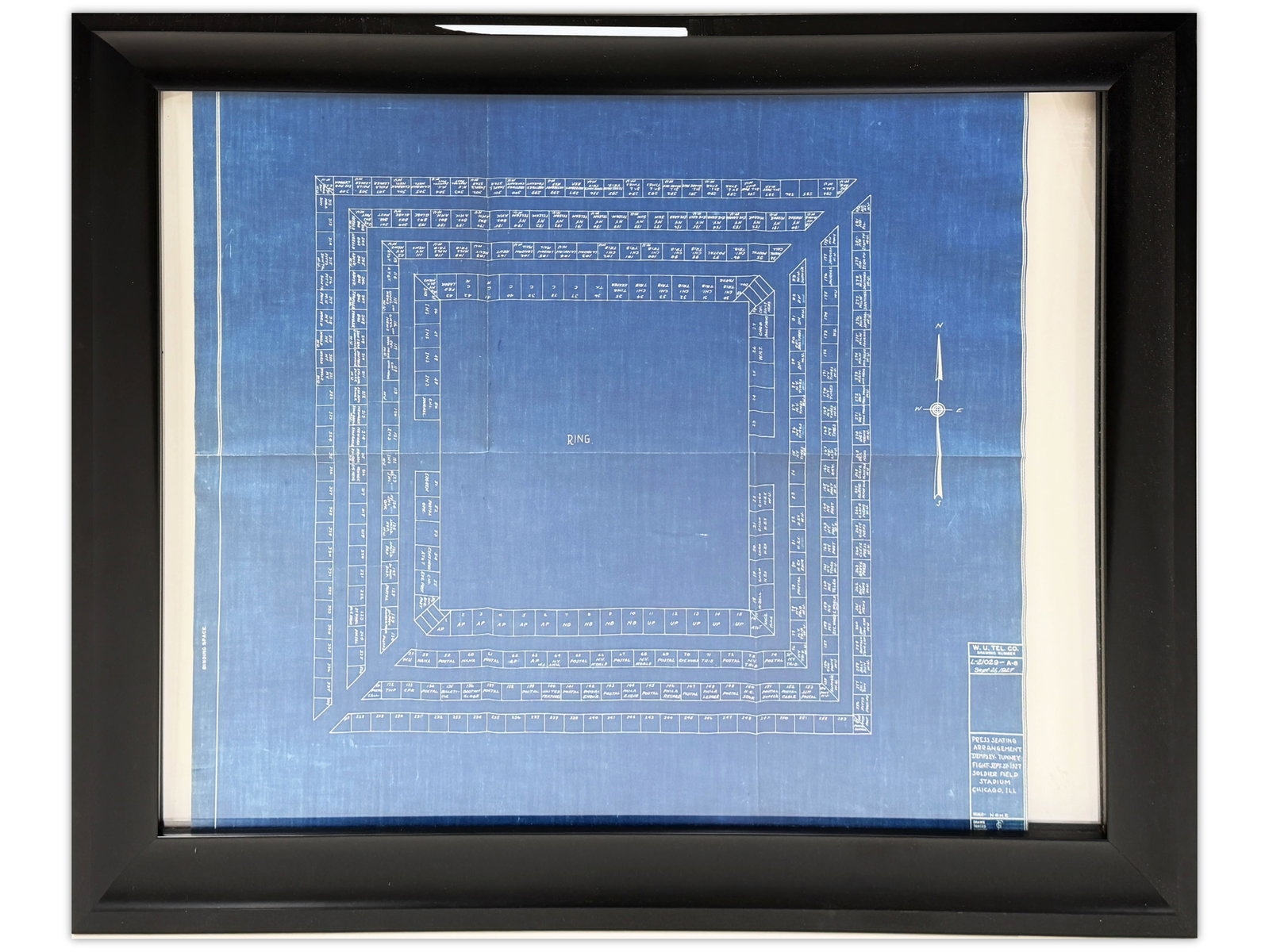 1927 Dempsey / Tunney Press Seating Blueprint: Original 1927 press seating arrangement blueprint for the heavyweight championship bout between Jack Dempsey and Gene Tunney held September 22, 1927 at Soldier Field Stadium, Chicago, Illinois. Bluepr