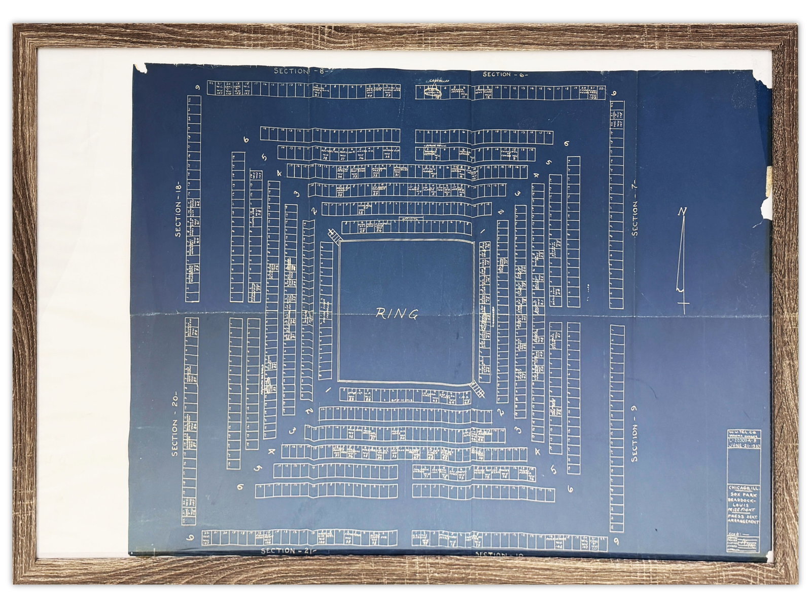 1937 Braddock / Joe Louis Press Seating Blueprint: Original 1937 press seating arrangement blueprint for the heavyweight championship bout between James J. Braddock and Joe Louis held June 21, 1937 at Comiskey Park, Chicago, Illinois. Blueprint titled