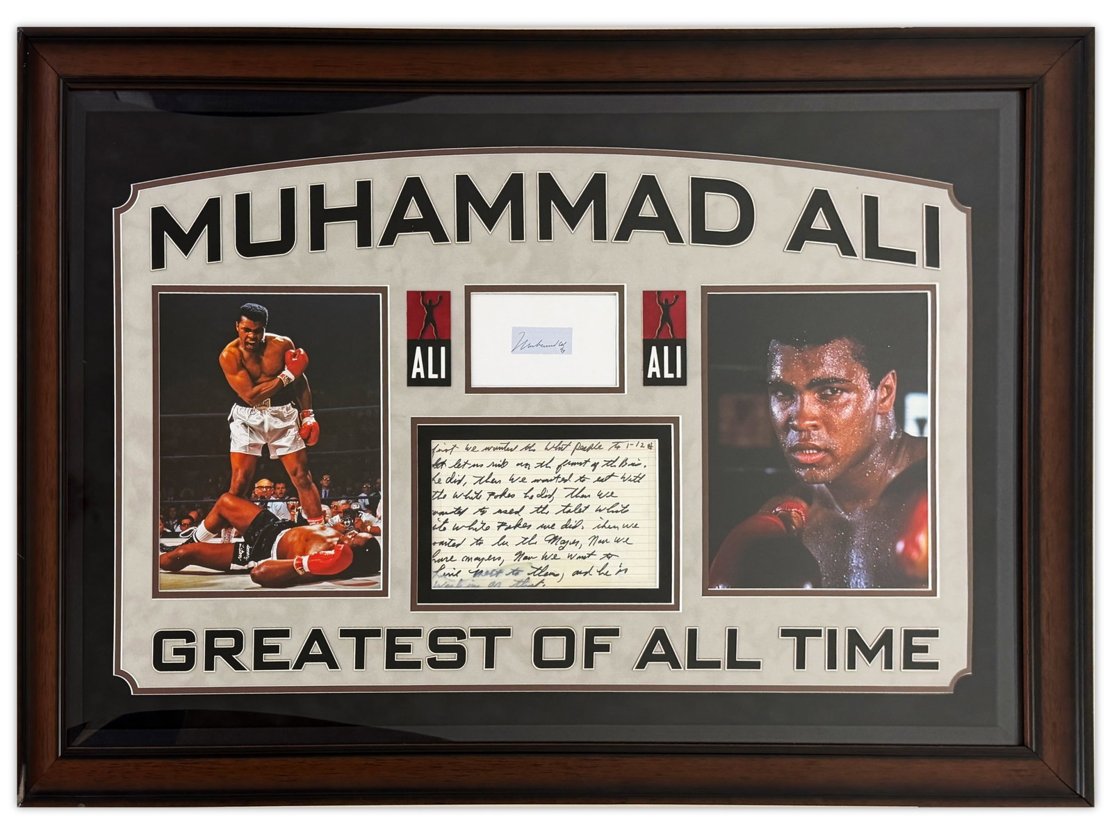 Muhammad Ali Signed Note & Cut Display JSA & PSA: Framed display featuring a handwritten and signed note by Muhammad Ali together with a separate signed cut, both professionally authenticated. The handwritten note contains Ali's comments on civil rig