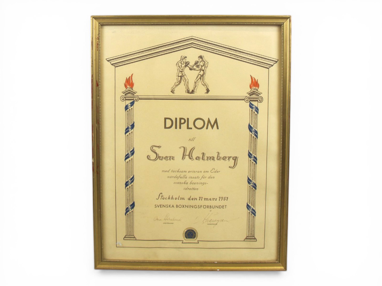 1951 Swedish Boxing Federation Diploma: 1951 Swedish boxing diploma issued by the Svenska Boxningsforbundet (Swedish Boxing Federation) presented to Sven Holmberg in recognition of his valuable contributions to Swedish boxing. The document