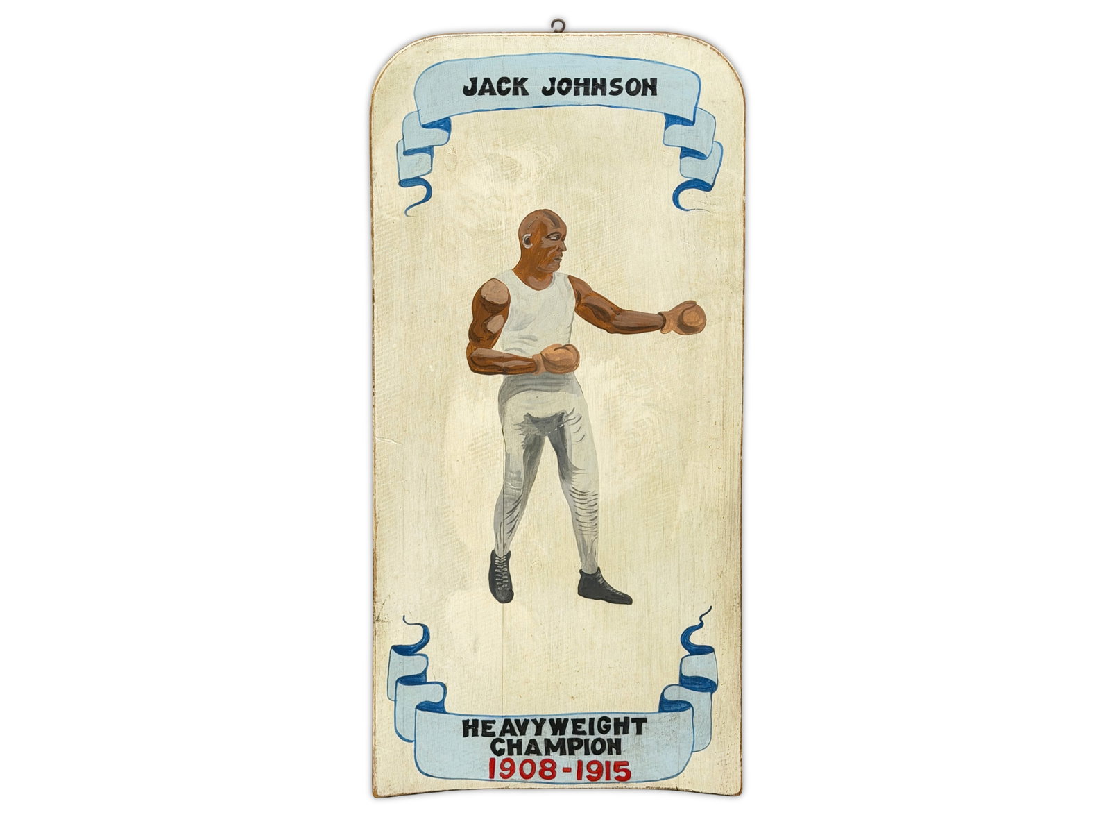 Folk Art Style Jack Johnson Boxing Painting: Hand-painted folk art style panel depicting legendary heavyweight champion Jack Johnson. The painting portrays Johnson in a fighting stance beneath a banner reading "Jack Johnson," with a lower banner