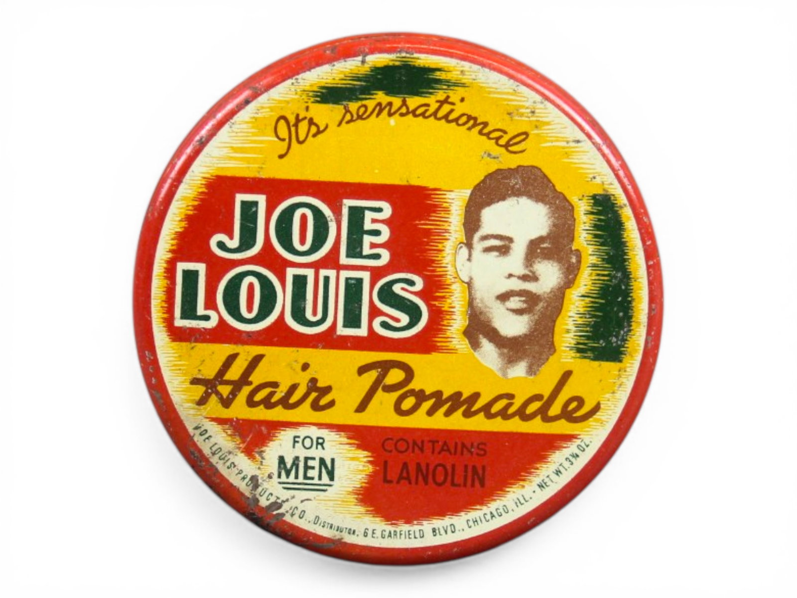Original Joe Louis Hair Pomade Tin, Unused: Vintage advertising tin for Joe Louis Hair Pomade. Unused. Made by Joe Louis Products Co. Approx. 3" diameter. Tin has some light surface scuffs and scratches. Shipping: Weiss Auctions offers full-ser
