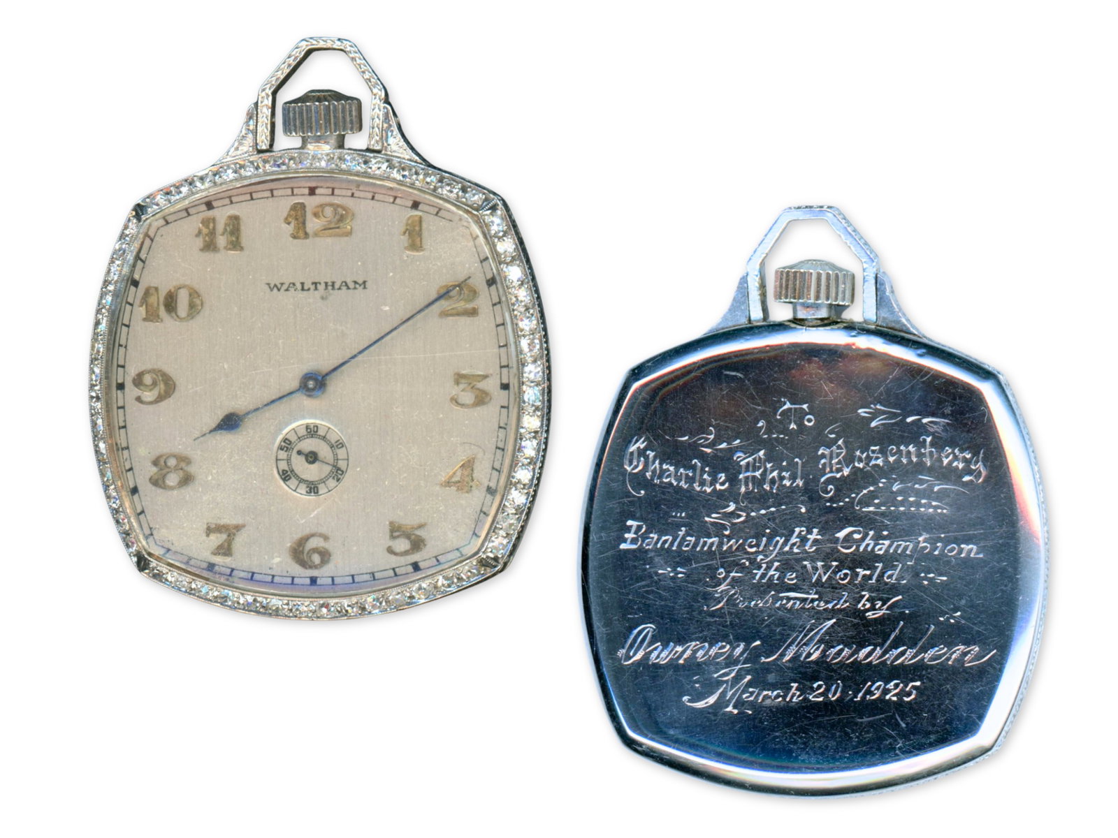 Charlie "Kid" Rosenberg Champion Pocket Watch: Waltham platinum pocket watch awarded to boxer Charlie "Kid" Rosenberg, engraved on the reverse: "To Charlie "Kid" Rosenberg Bantamweight Champion of the World" and dated March 20, 1925. Rosenberg was