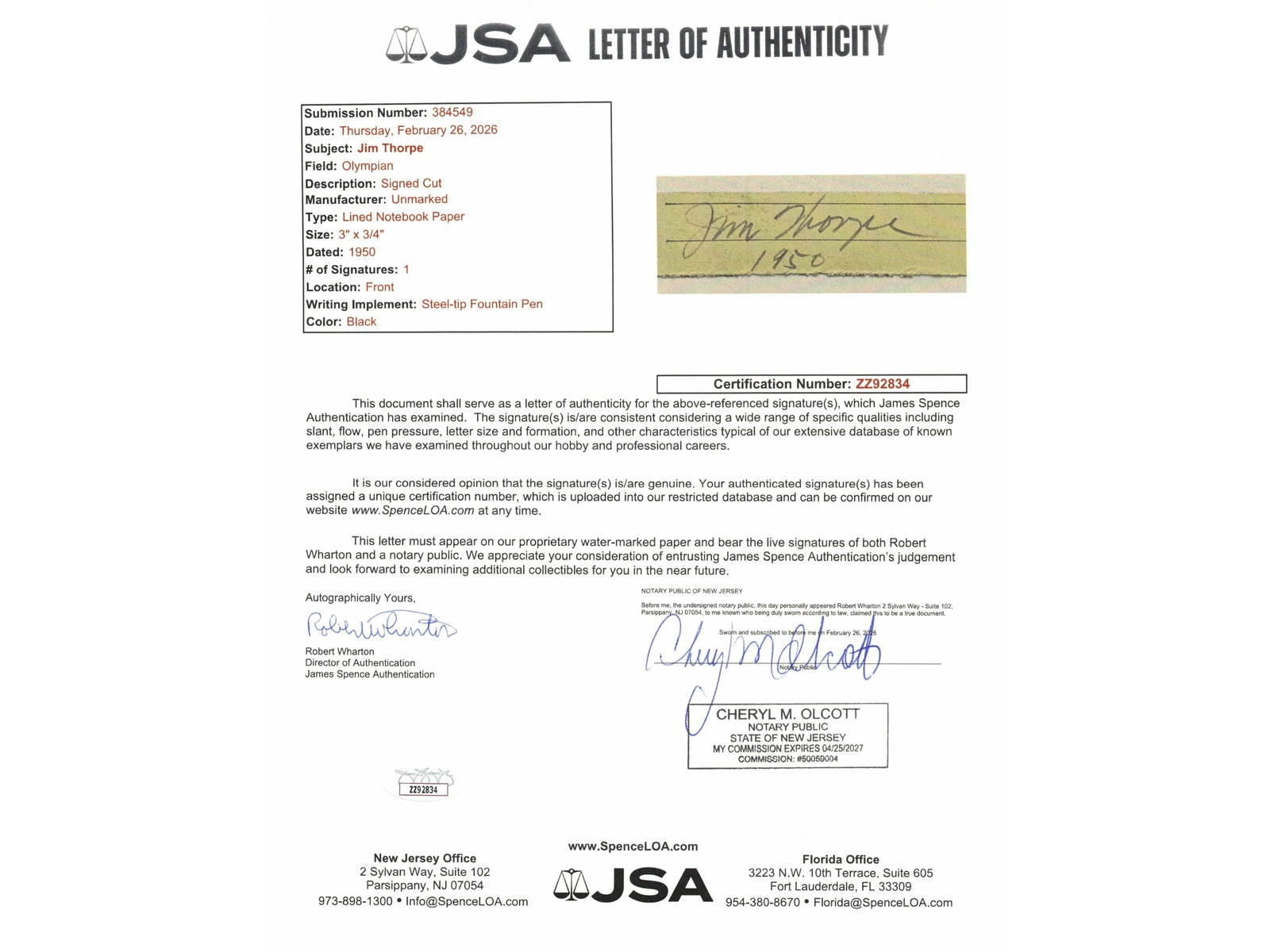 Jim Thorpe Signed Dated Cut - JSA - 2