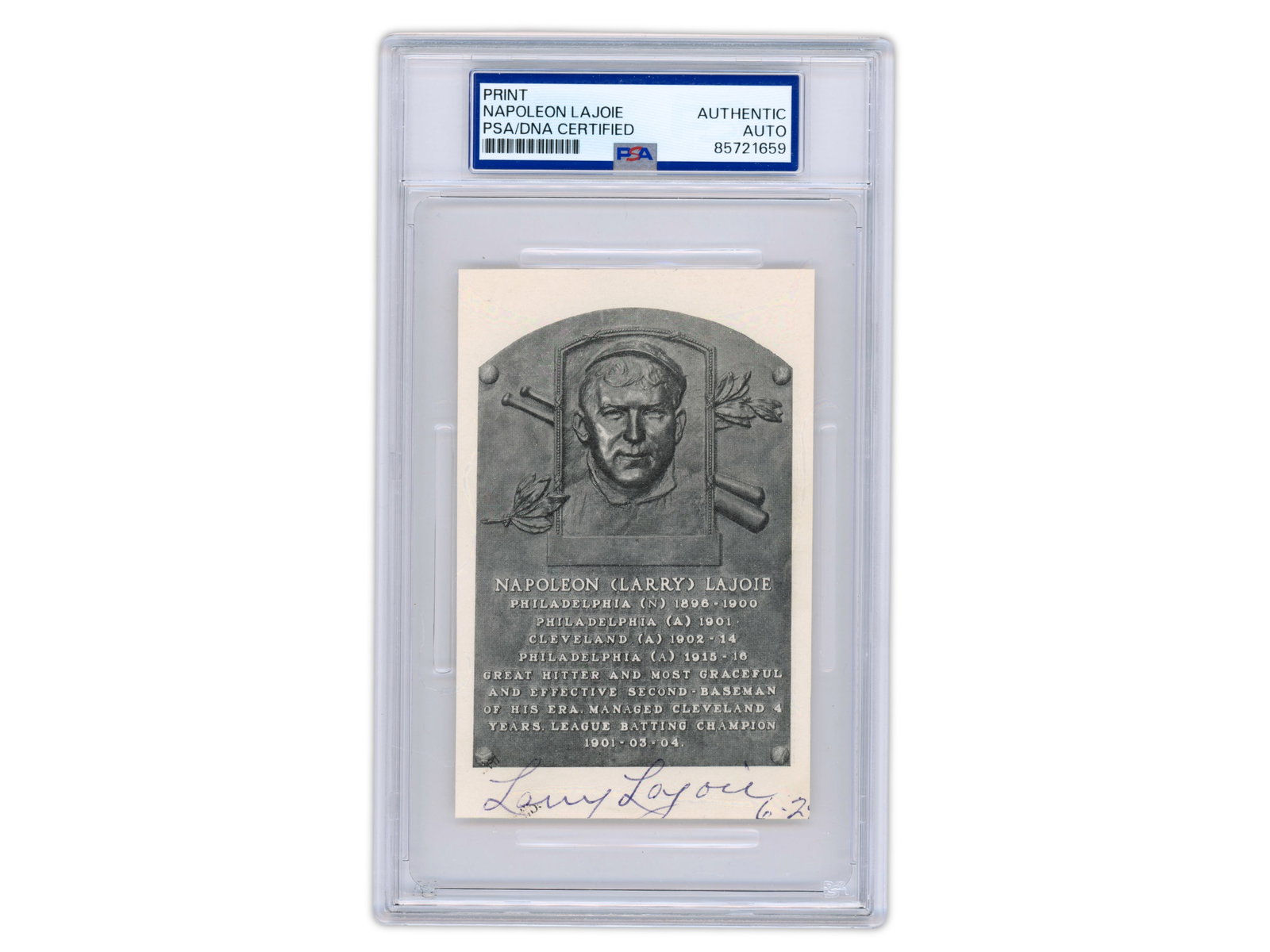 Nap Lajoie Signed 1939 HOF Program Cut - PSA/DNA: Printed image of Nap Lajoie's Hall of Fame plaque, cut from the inaugural 1939 Cooperstown Hall of Fame induction program and signed by the legendary second baseman. Lajoie was one of the greatest