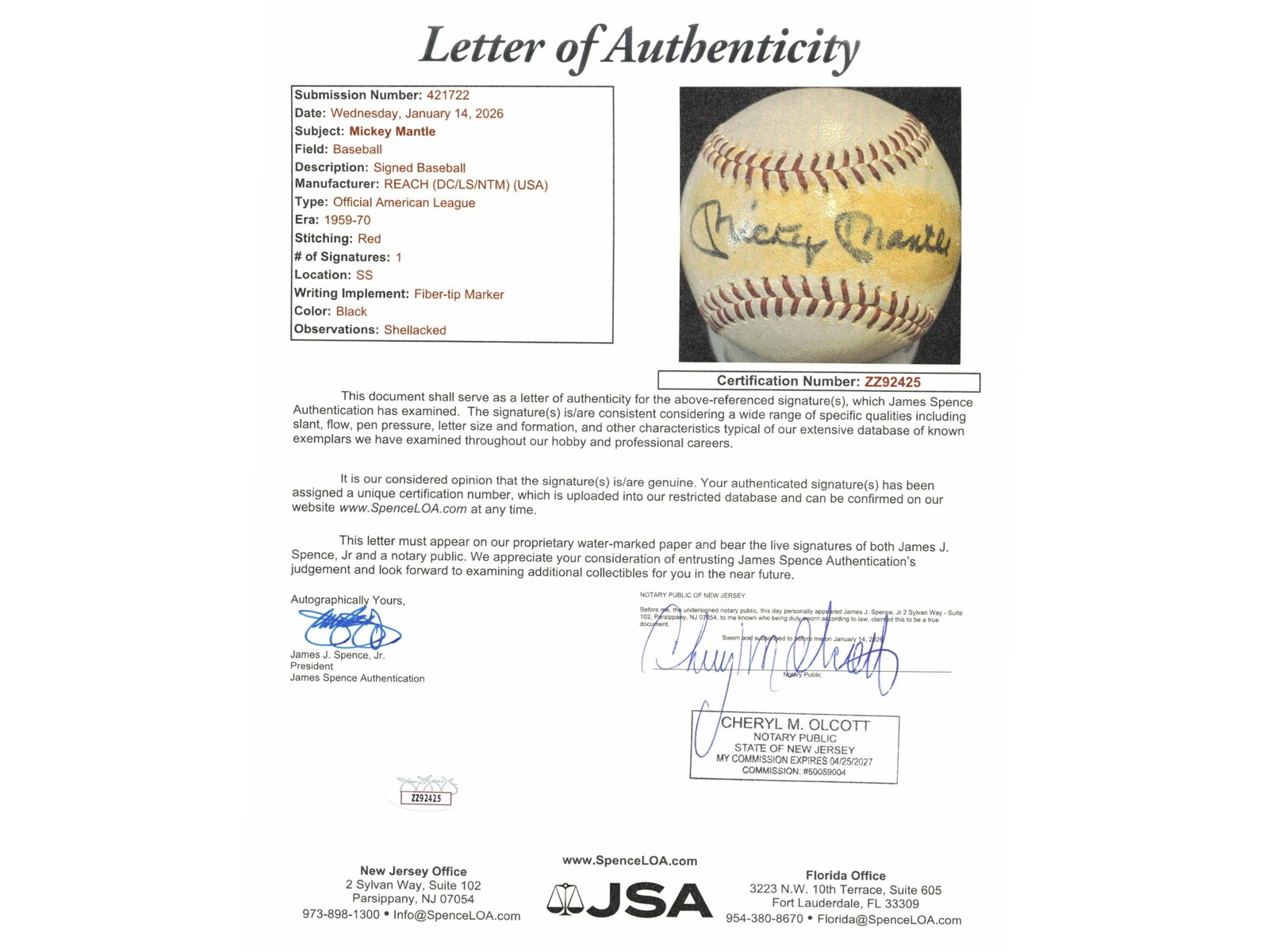 Mickey Mantle Signed AL Baseball - JSA - 3