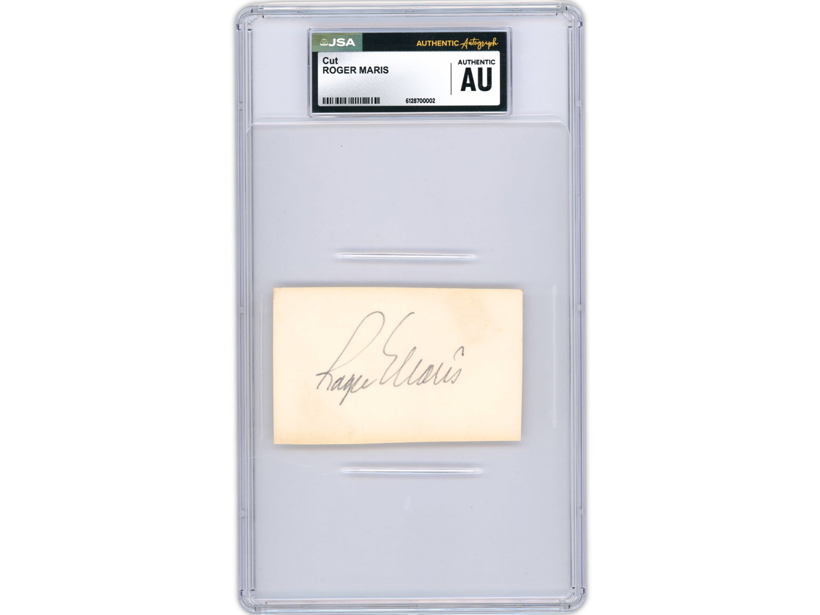 Roger Maris Signed Cut - JSA: Roger Maris signed cut signature, authenticated and encapsulated by JSA as Authentic Autograph. Clean example of the Yankees slugger best known for his record-setting 61 home run season in 1961. JSA/C