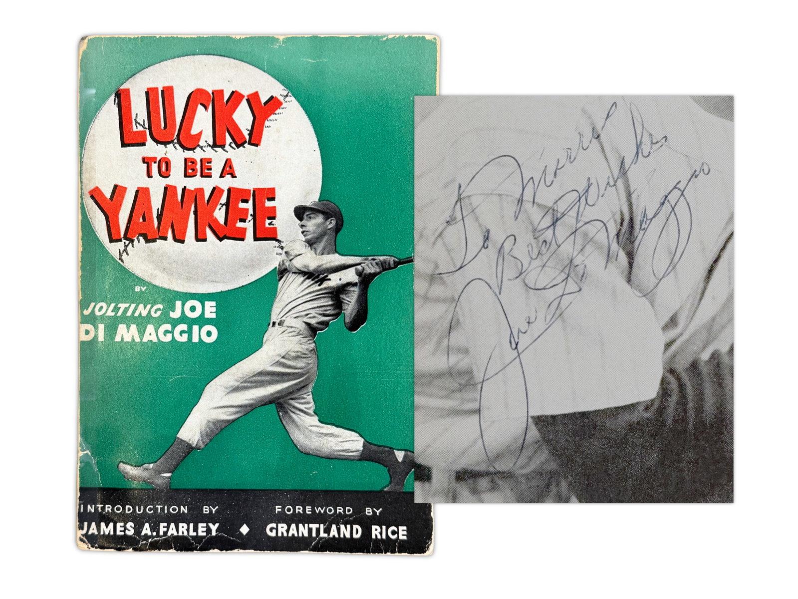 Joe DiMaggio Signed Book - JSA: Softcover edition of Lucky To Be a Yankee, published by Rudolph Field. The book offers DiMaggio's reflections on his career with the New York Yankees and baseball's golden era. Signed in blue ballpoin