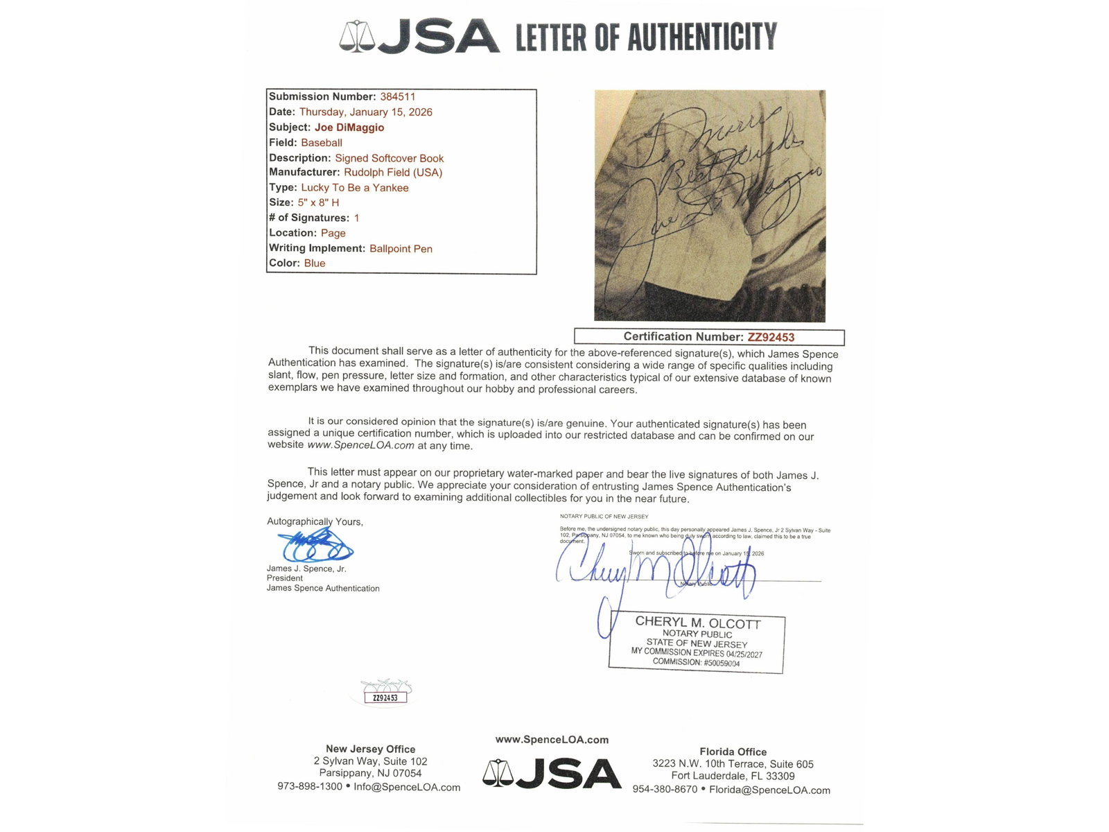 Joe DiMaggio Signed Book - JSA - 7