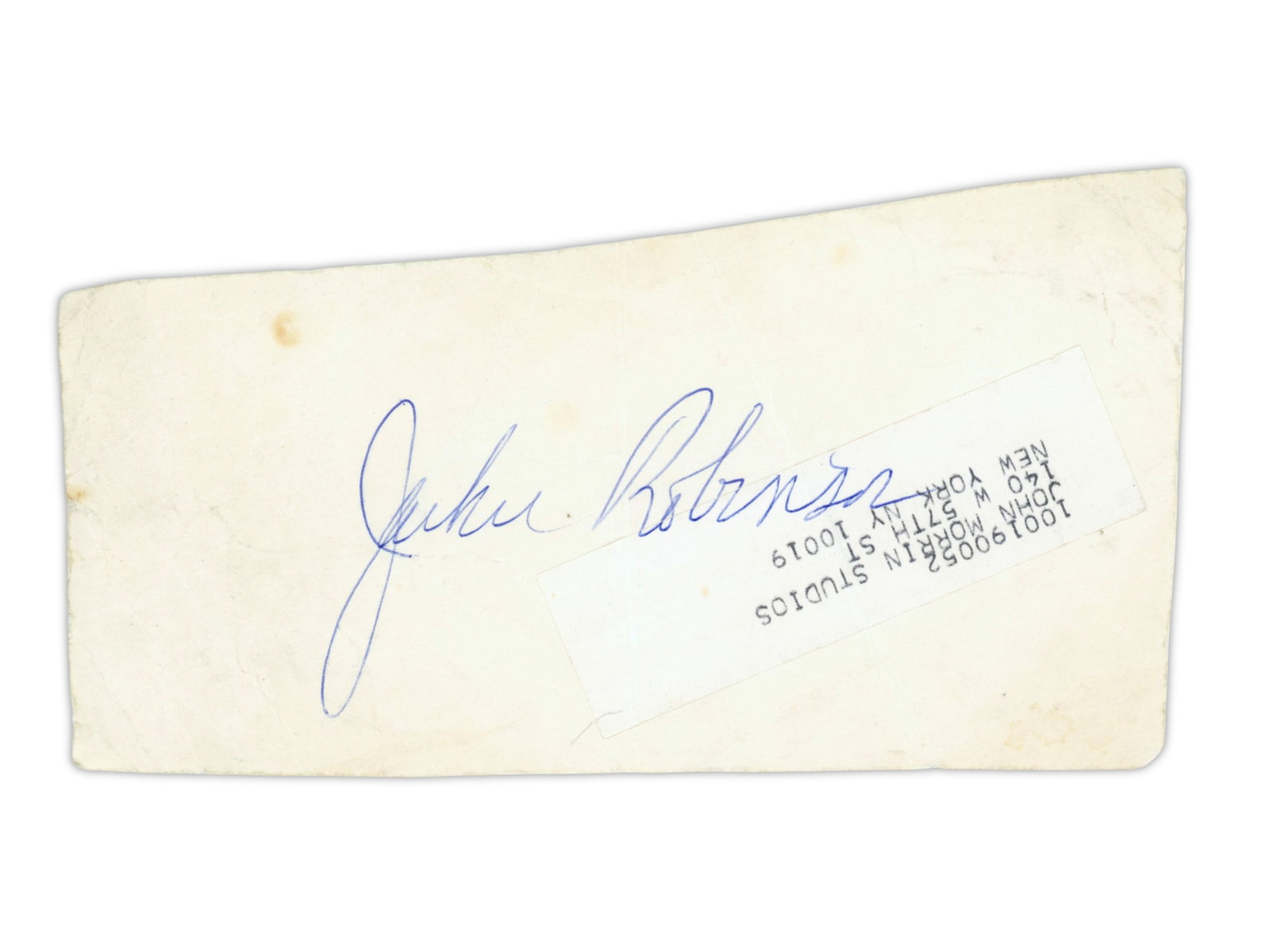 Jackie Robinson Signed Cut - JSA: Off white unlined cut measuring approximately 3 1/2 x 6 inches, signed in blue ballpoint pen by Jackie Robinson. Signature appears on a blank area with an address sticker present. Robinson broke Major