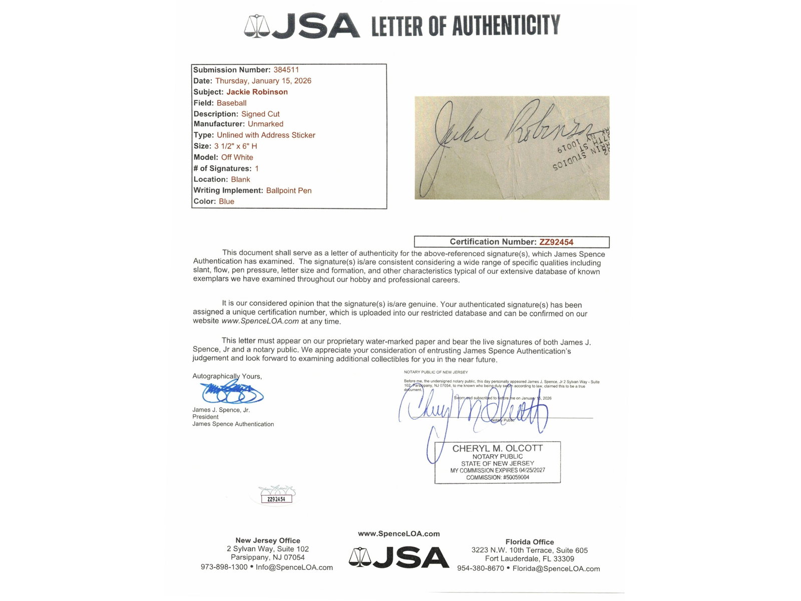 Jackie Robinson Signed Cut - JSA - 2