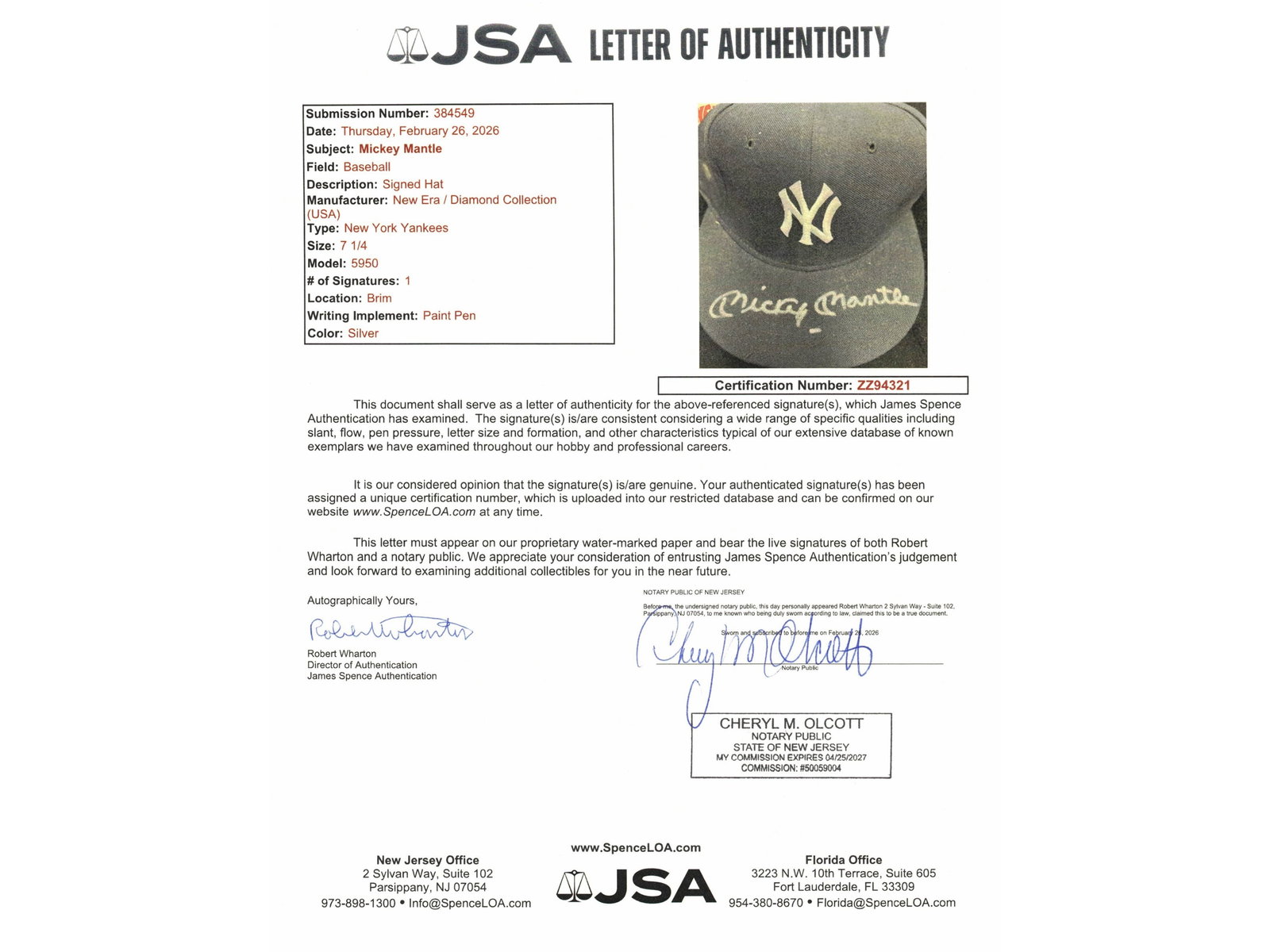 Mickey Mantle Signed Yankees Hat - JSA - 3