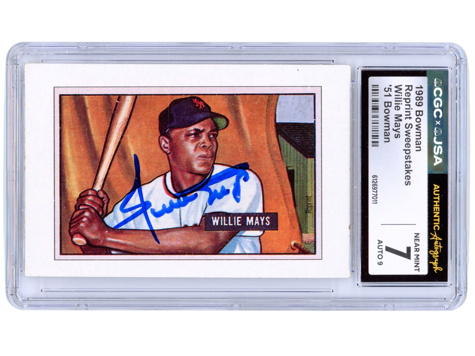 Willie Mays Signed '51 Bowman Reprint - CGC: 1989 Bowman Reprint Sweepstakes card featuring the classic 1951 Bowman Willie Mays design. Signed on the front by Willie Mays. Mays was a two-time National League Most Valuable Player and a 24-time Al