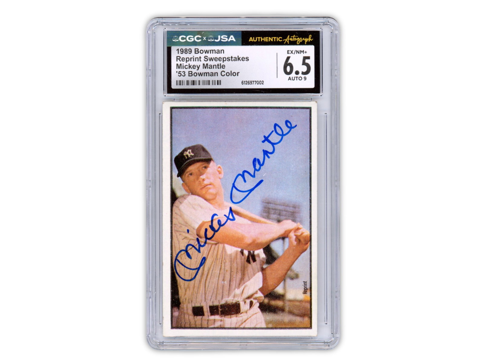 Mickey Mantle Signed '53 Bowman Reprint - CGC: 1989 Bowman Reprint Sweepstakes card featuring the classic 1953 Bowman Color Mickey Mantle image. Signed on the front by Mickey Mantle. Mantle was a three-time American League Most Valuable Player and