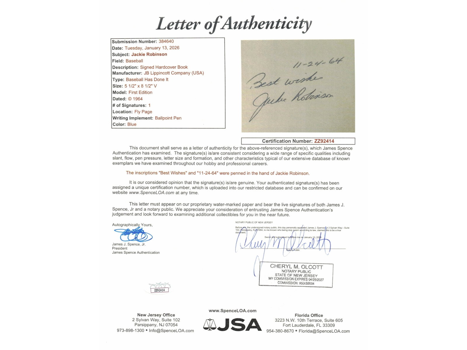 Jackie Robinson Signed Book - JSA - 7