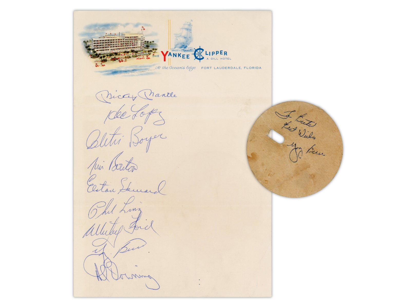 1964 Yankees Multi-Signed Team Sheet: "Yankee Clipper at the Ocean's Edge, Fort Lauderdale, Florida" letterhead signed by members of the New York Yankees including Mickey Mantle, Yogi Berra, Whitey Ford, Elston Howard, Clete Boyer, Jim Bo