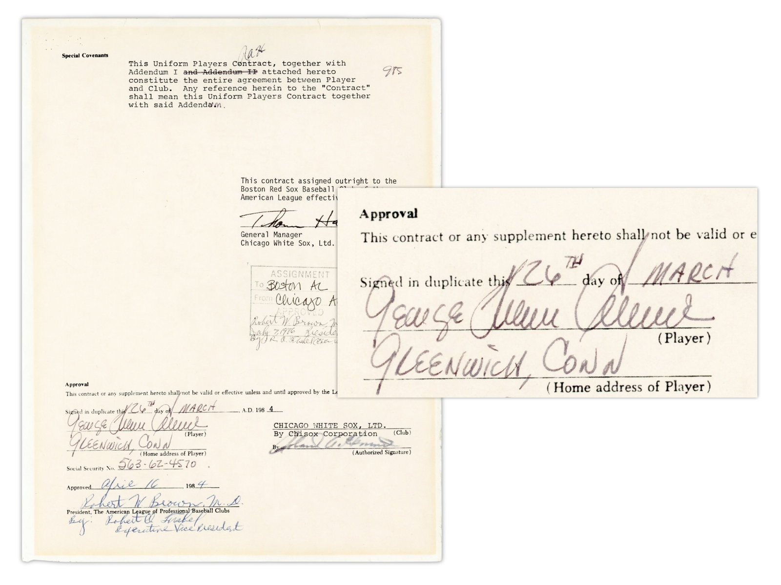 Tom Seaver 1984 White Sox Contract Signed: Five-page Uniform Player's Contract between Tom Seaver and the Chicago White Sox for the 1984 season, accompanied by the signed "Special Covenants" page dated March 26, 1984. The document outlines the