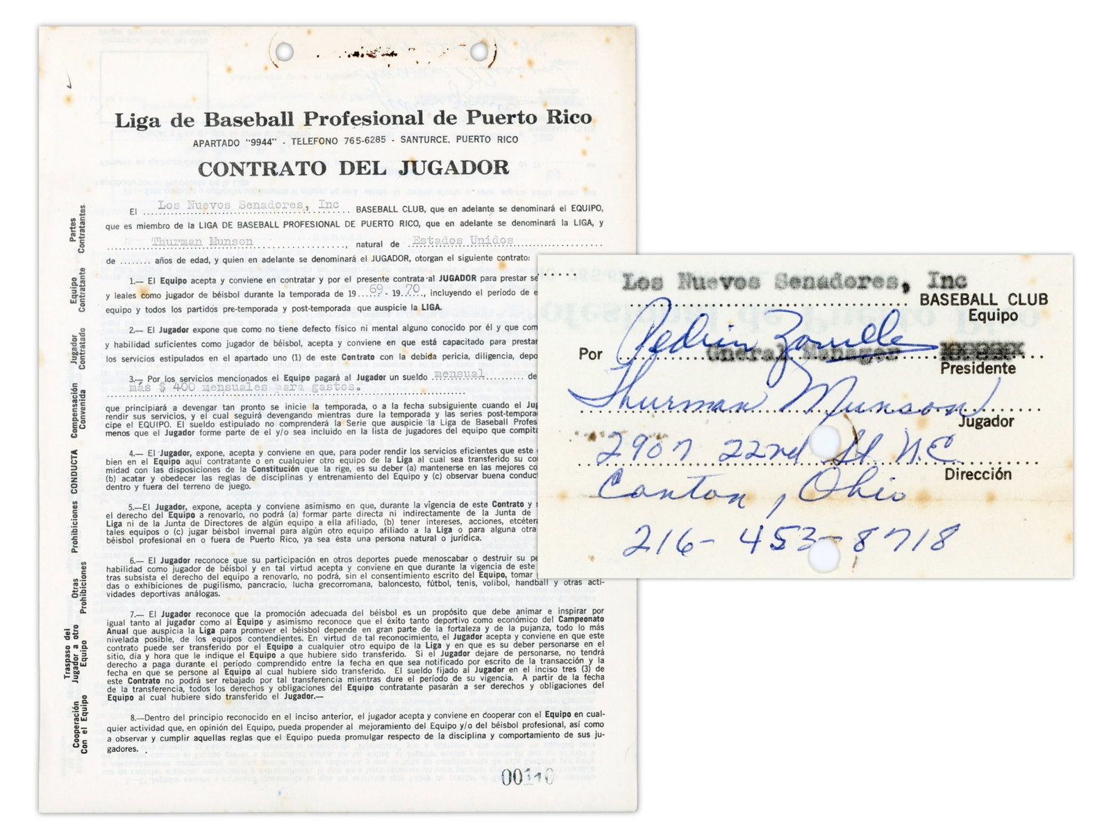 Thurman Munson Signed 1969 Puerto Rico Contract: Extremely rare player contract signed by New York Yankees legend Thurman Munson for the 1969-1970 season with Los Nuevo's Senadores of the Puerto Rico Professional Baseball League. The multi-page Span