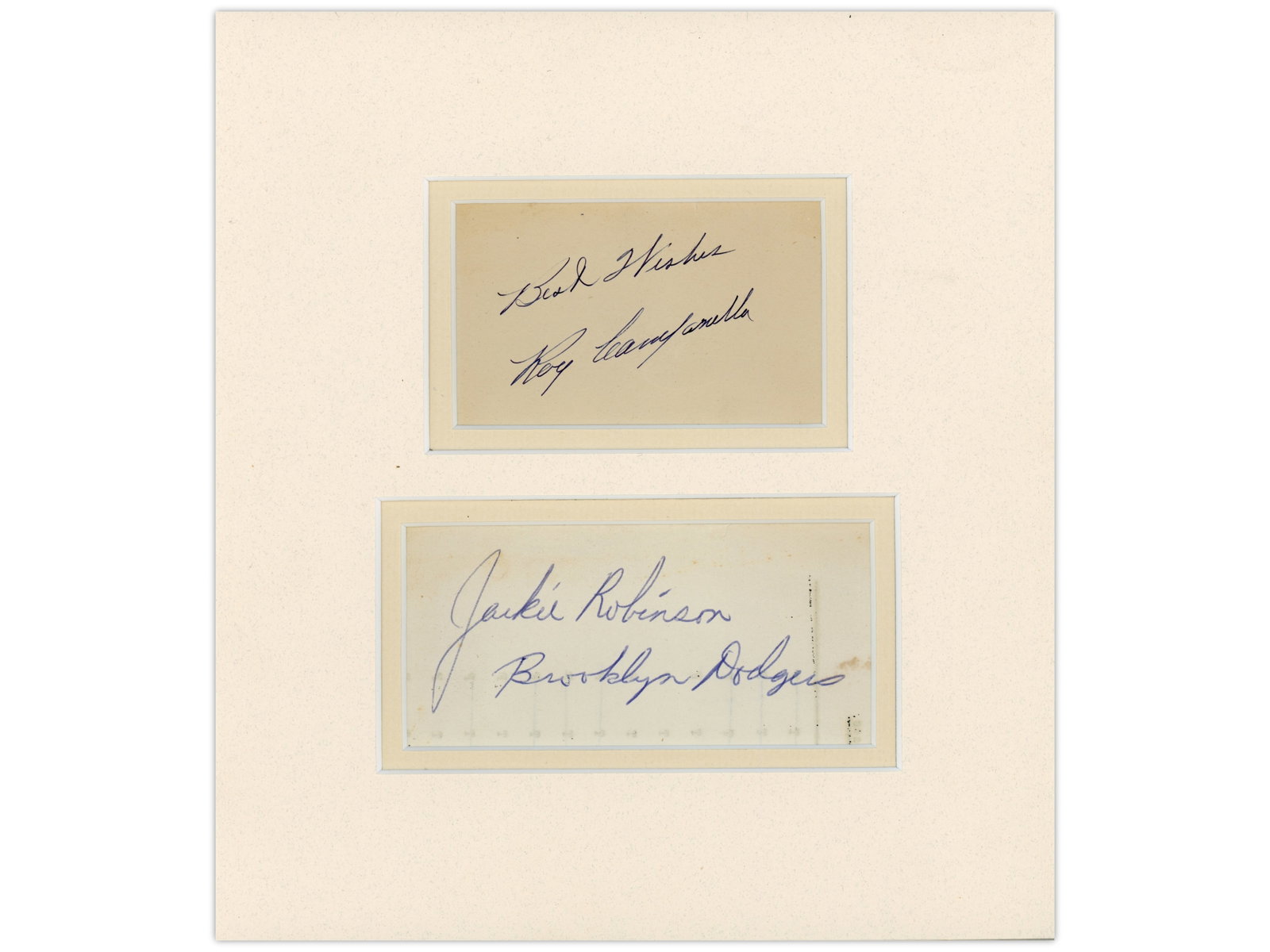 Jackie Robinson & Roy Campanella Signed Cut Display - JSA: Matted display featuring two signed cuts from Brooklyn Dodgers Hall of Famers Jackie Robinson and Roy Campanella, teammates and central figures of the Dodgers teams that dominated the National League 