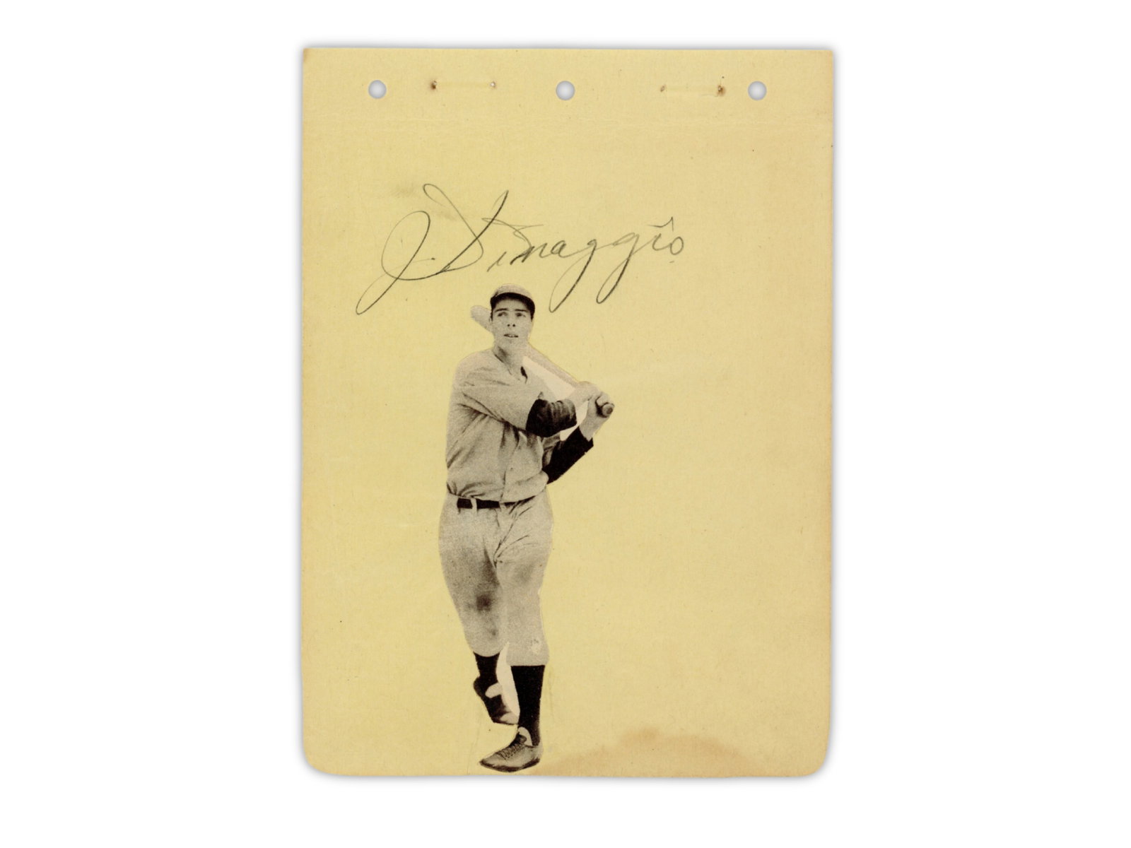 Joe DiMaggio Signed Album Page - JSA: Vintage album page signed by Joe DiMaggio in fountain pen, accompanied by a small black and white photograph. DiMaggio was a New York Yankees Hall of Famer and three-time American League Most Valuable