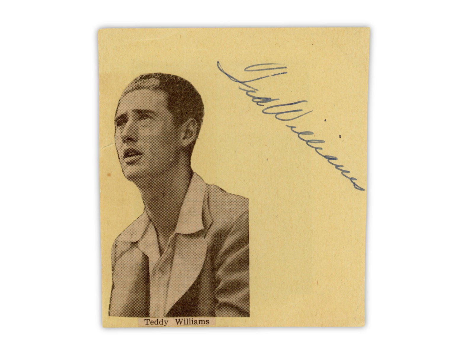 Ted Williams Signed Album Page - JSA: Vintage album page signed by Ted Williams in blue steel-tip fountain pen, accompanied by a small portrait photograph. Williams was a Boston Red Sox legend and the last Major League player to hit .400 