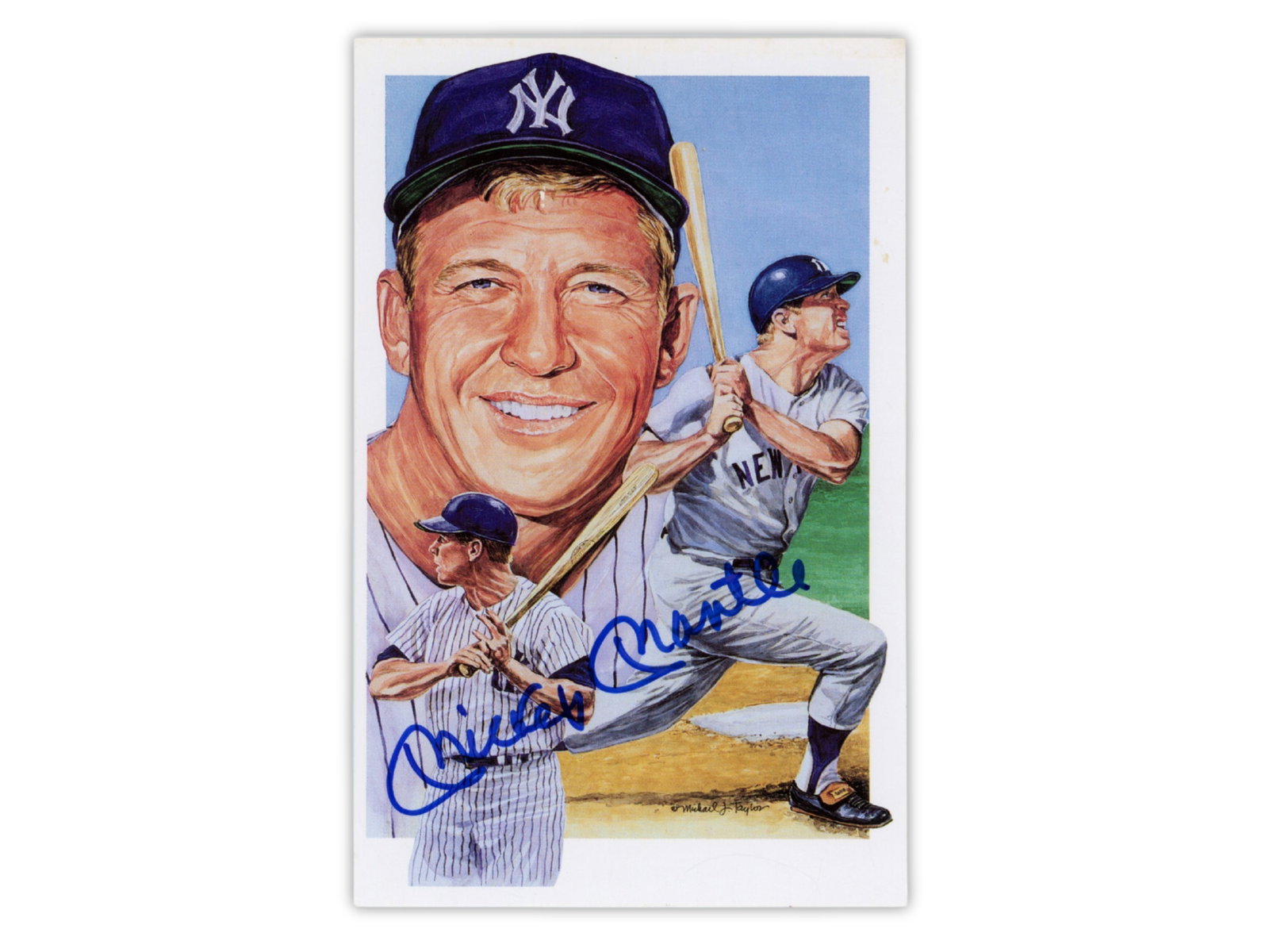 Mickey Mantle Signed Postcard - JSA: Legends Sports Memorabilia postcard featuring Mickey Mantle posed with bat, signed across the image. Mantle was a New York Yankees Hall of Famer and seven-time World Series champion during the club's 
