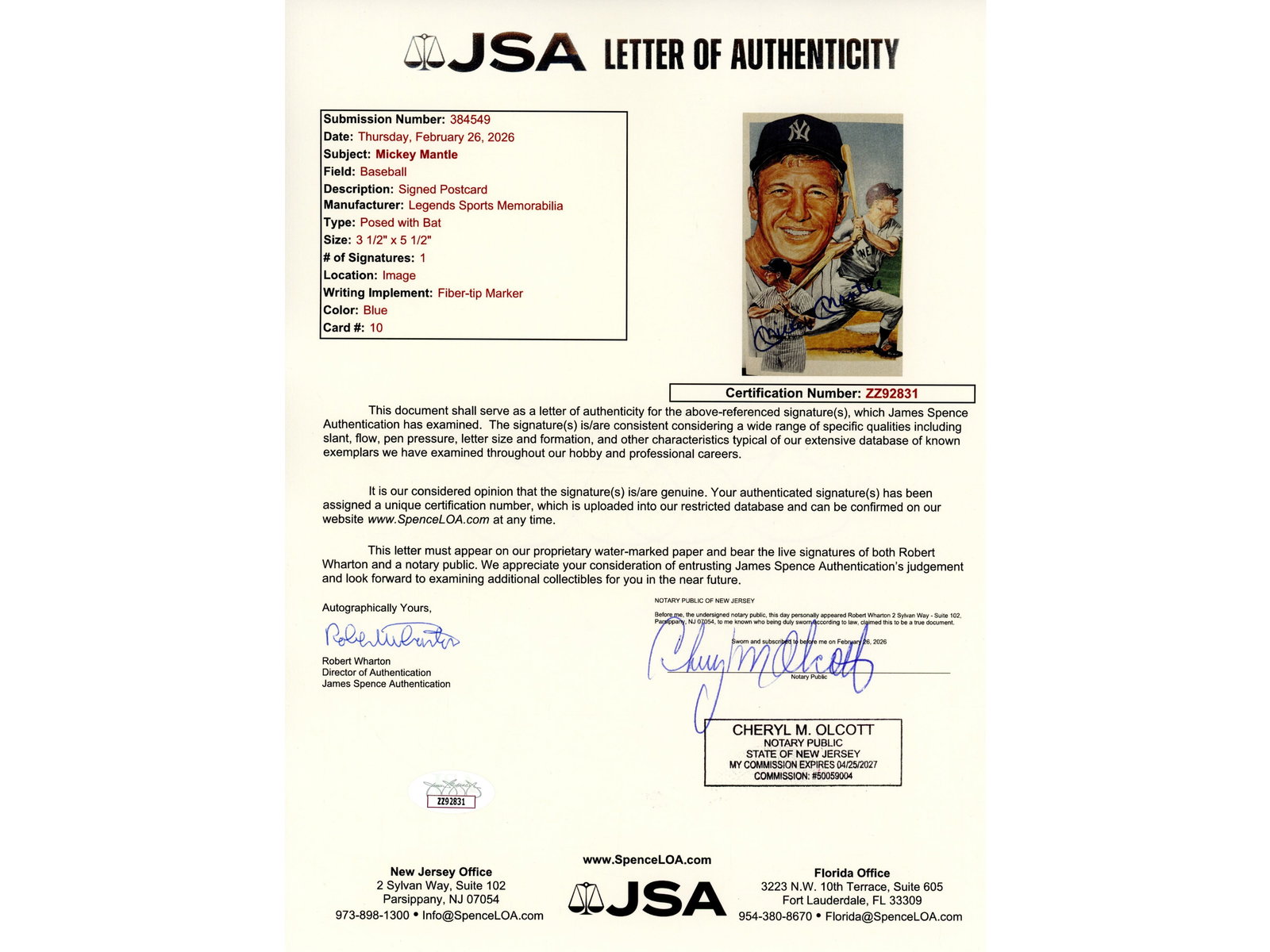 Mickey Mantle Signed Postcard - JSA - 3
