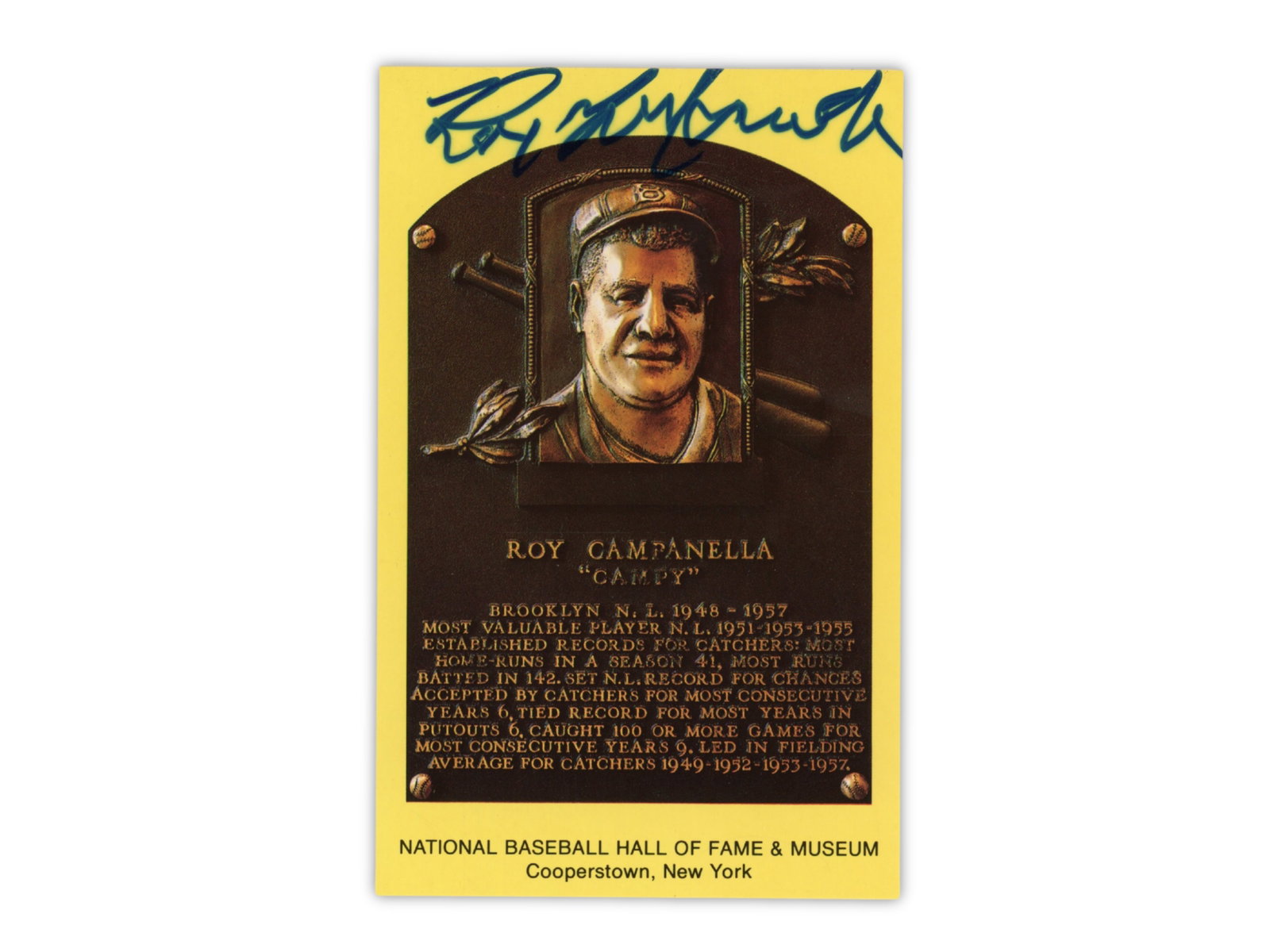 Roy Campanella Signed HOF Plaque Postcard - JSA: National Baseball Hall of Fame yellow plaque postcard signed by Brooklyn Dodgers Hall of Fame catcher Roy Campanella. Campanella was a three-time National League Most Valuable Player and one of the gr