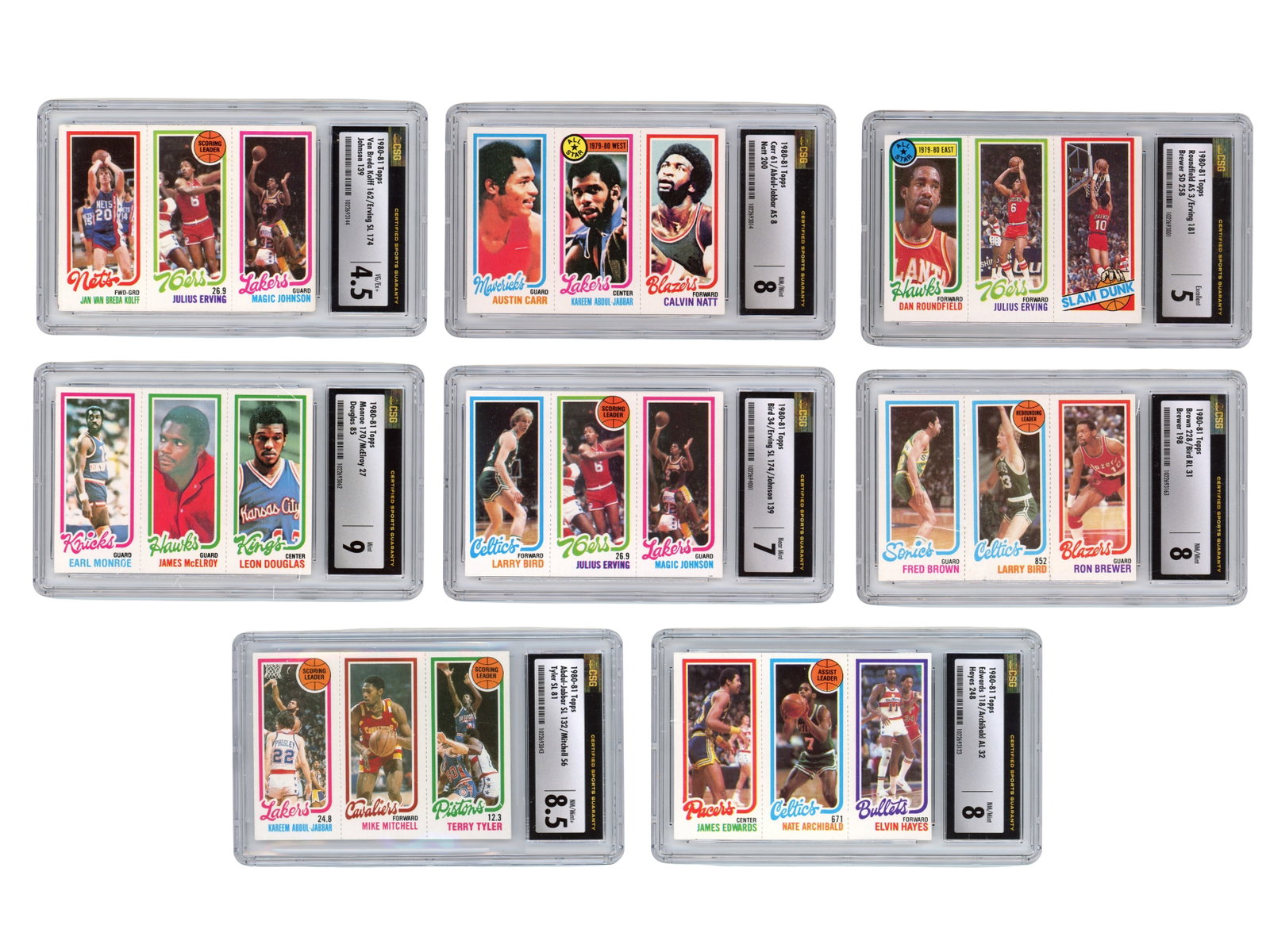 1980-81 Topps Basketball Complete Set CSG/CGC: Complete, mostly high grade, 176-card 1980-81 Topps Basketball set, with 175 cards graded by CSG/CGC and one ungraded card. Headlined by the iconic Larry Bird / Magic Johnson / Julius Erving rookie ca