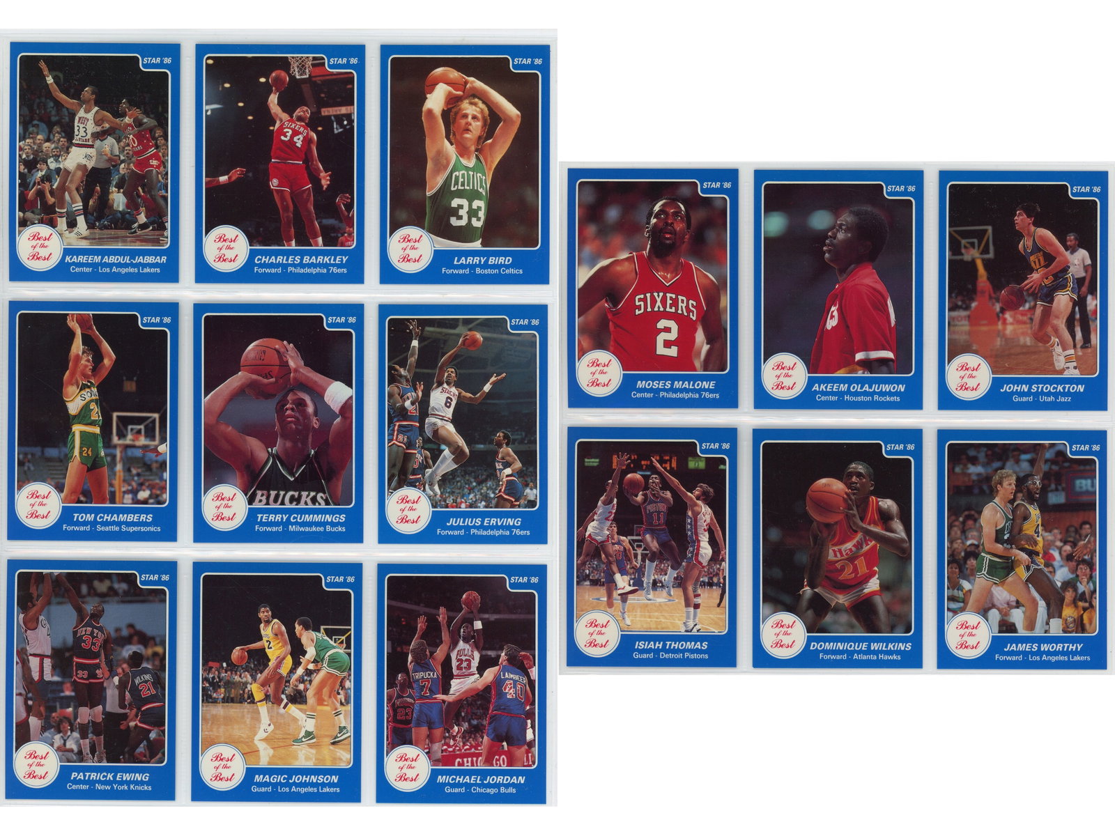 1986 Star Best of Best Basketball Set (15): Complete (15) card set of 1986 Star Co. "Best of the Best" basketball cards. Includes key players such as Kareem Abdul-Jabbar, Charles Barkley, Larry Bird, Julius Erving, Patrick Ewing, Magic Johnson,