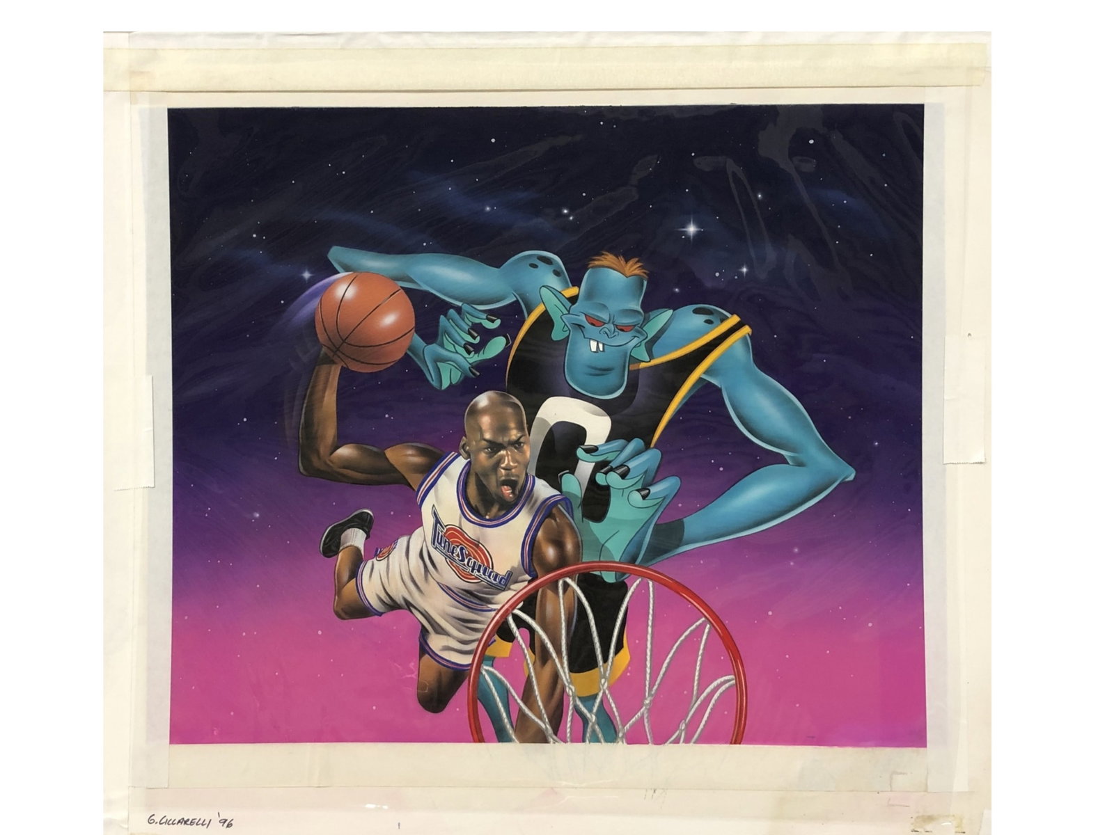 1996 Space Jam Michael Jordan Promo Art Ciccarelli: Offered is a piece of original "Space Jam" McDonald's Promotional Art created with airbrushed gouache and hand pencil, by artist Gary Ciccarelli. Done on bristol board, with an image of 19" x 16", ove