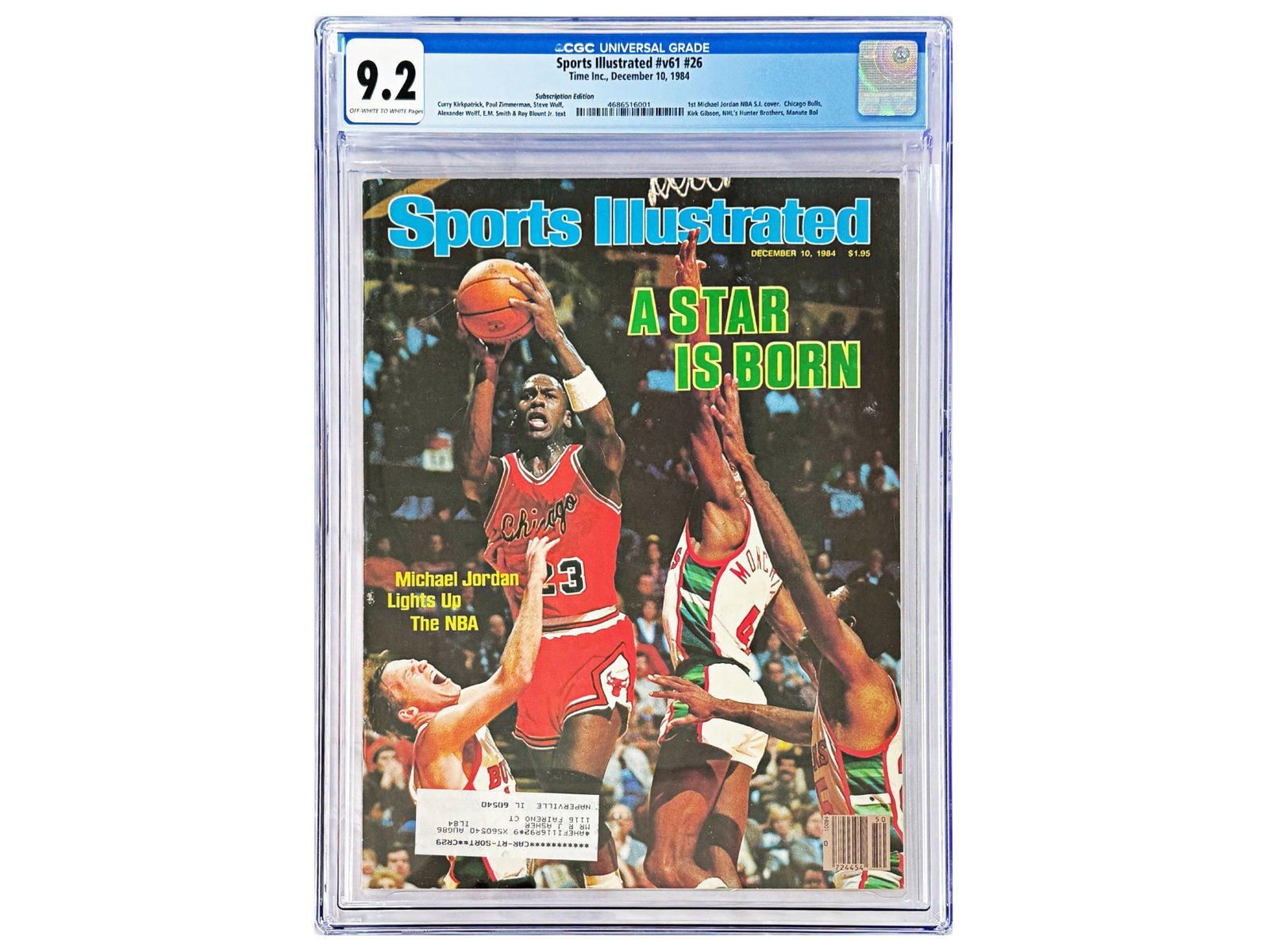 1984 Sports Illustrated Jordan 1st NBA Cover CGC 9.2: Sports Illustrated Vol. 61, No. 26, December 10, 1984. Subscription edition issue featuring the first Michael Jordan NBA Sports Illustrated cover, headlined "A Star Is Born." The cover captures Jordan
