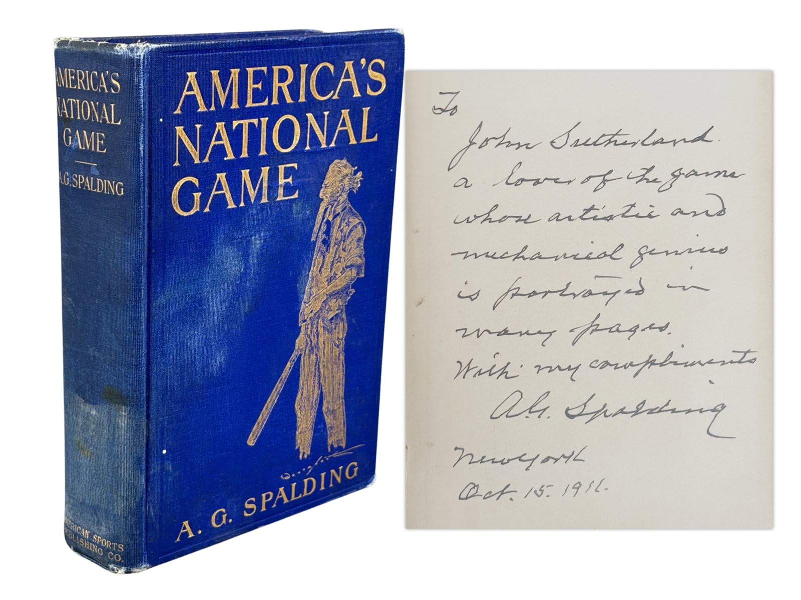 1911 America's National Game Signed Spalding - JSA: First edition hardcover of America's National Game by A. G. Spalding (American Sports Publishing Company, New York, 1911), signed, inscribed, and dated by Spalding in black fountain pen on the front f