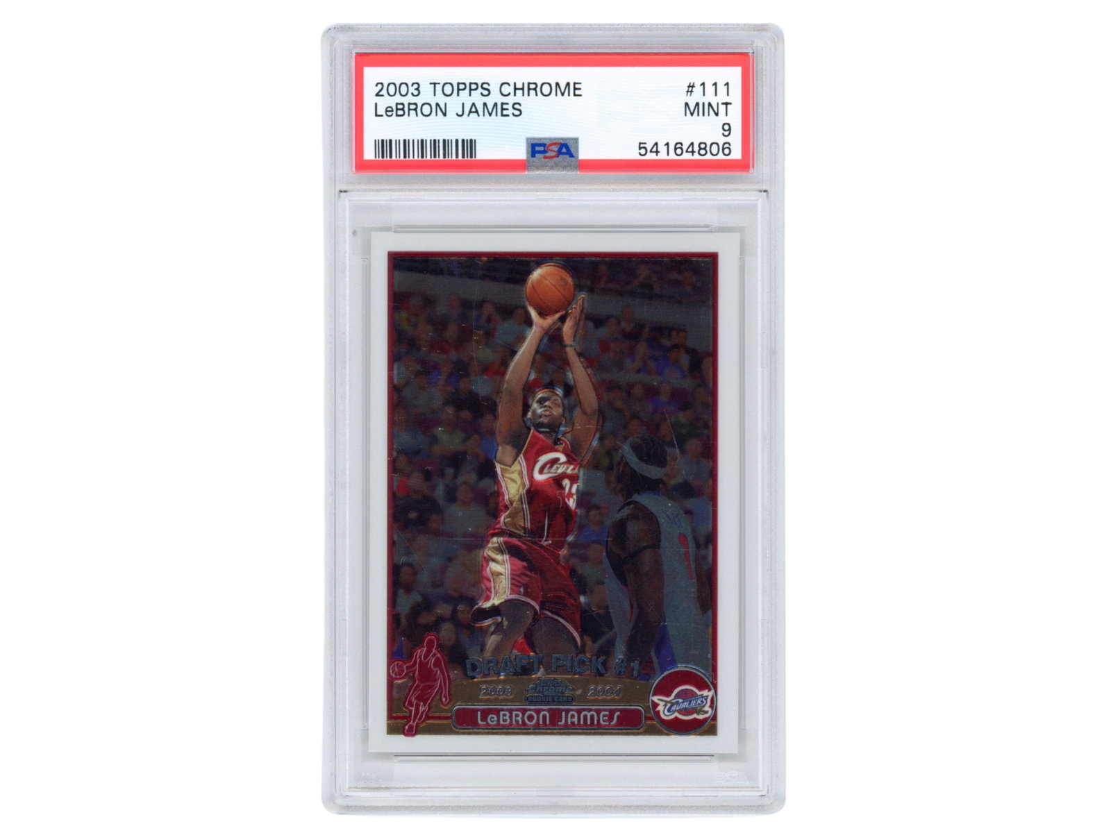 2003 Topps Chrome #111 LeBron PSA MINT 9: 2003 Topps Chrome basketball card #111 LeBron James, graded PSA MINT 9. One of the premier modern basketball rookie cards, issued during James' highly celebrated rookie season and considered a key car